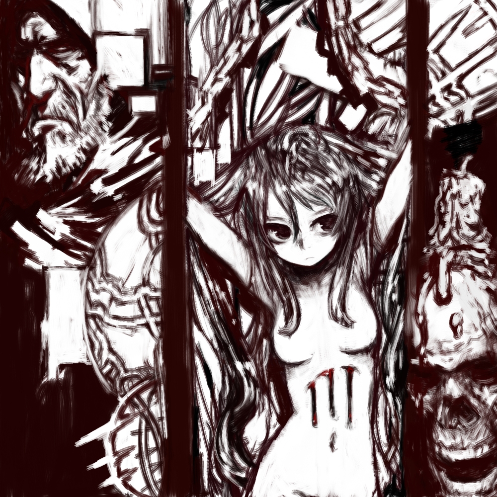 pon (tab rasa), original, commentary request, 1boy, 1girl, arms up, beard, bleeding, blood, breasts, candle, closed mouth, expressionless, facial hair, hair flowing over, hood, hood up, injury, long hair, looking at viewer, medium breasts, monochrome, mustache, navel, no nipples, nude, old, old man, out-of-frame censoring, projected inset, skull, upper body, wrinkled skin