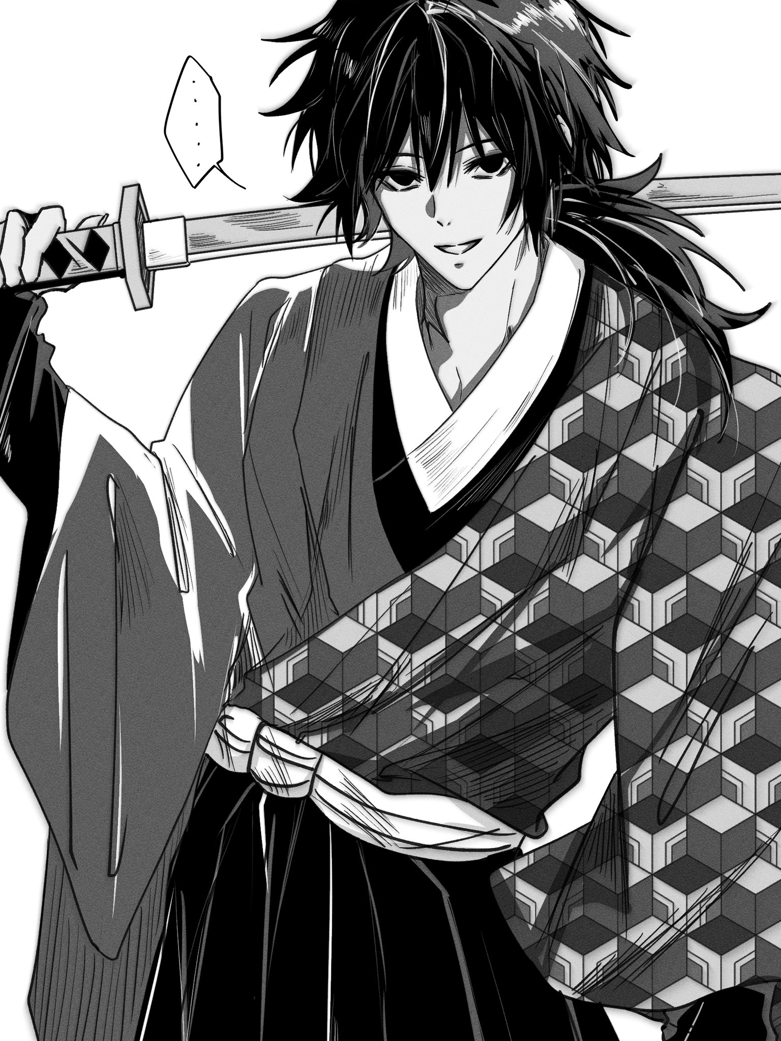 tomioka giyuu, kimetsu no yaiba, highres, …, 1boy, candy yyn, cowboy shot, empty eyes, fingernails, greyscale, grin, hair between eyes, hakama, holding, holding sword, holding weapon, japanese clothes, katana, kikkoumon, kimono, long hair, looking at viewer, low ponytail, male focus, monochrome, ponytail, print kimono, simple background, smile, solo, speech bubble, spiked hair, spoken ellipsis, standing, sword, teeth, weapon, white background