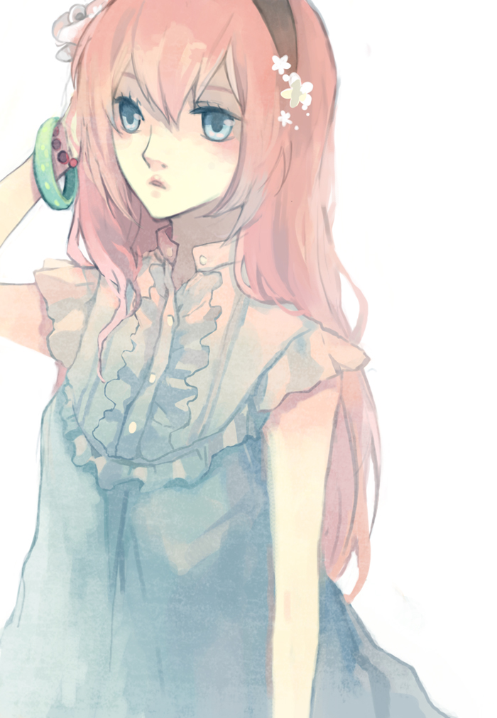 mig (36th underground), megurine luka, vocaloid, bad id, bad pixiv id, blue eyes, flower, headband, pink hair, simple background, solo