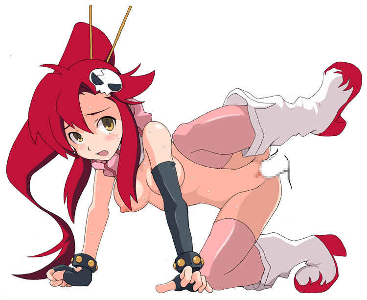 cl-55, yoko littner, tengen toppa gurren lagann, 00s, 1girl, all fours, blush, boots, breasts, censored, disembodied penis, doggystyle, fingerless gloves, full body, gloves, hair ornament, leg lift, medium breasts, naked scarf, nipples, nude, open mouth, penis, pink thighhighs, ponytail, red hair, scarf, sex, sex from behind, simple background, solo focus, sweat, thighhighs, vaginal, yellow eyes