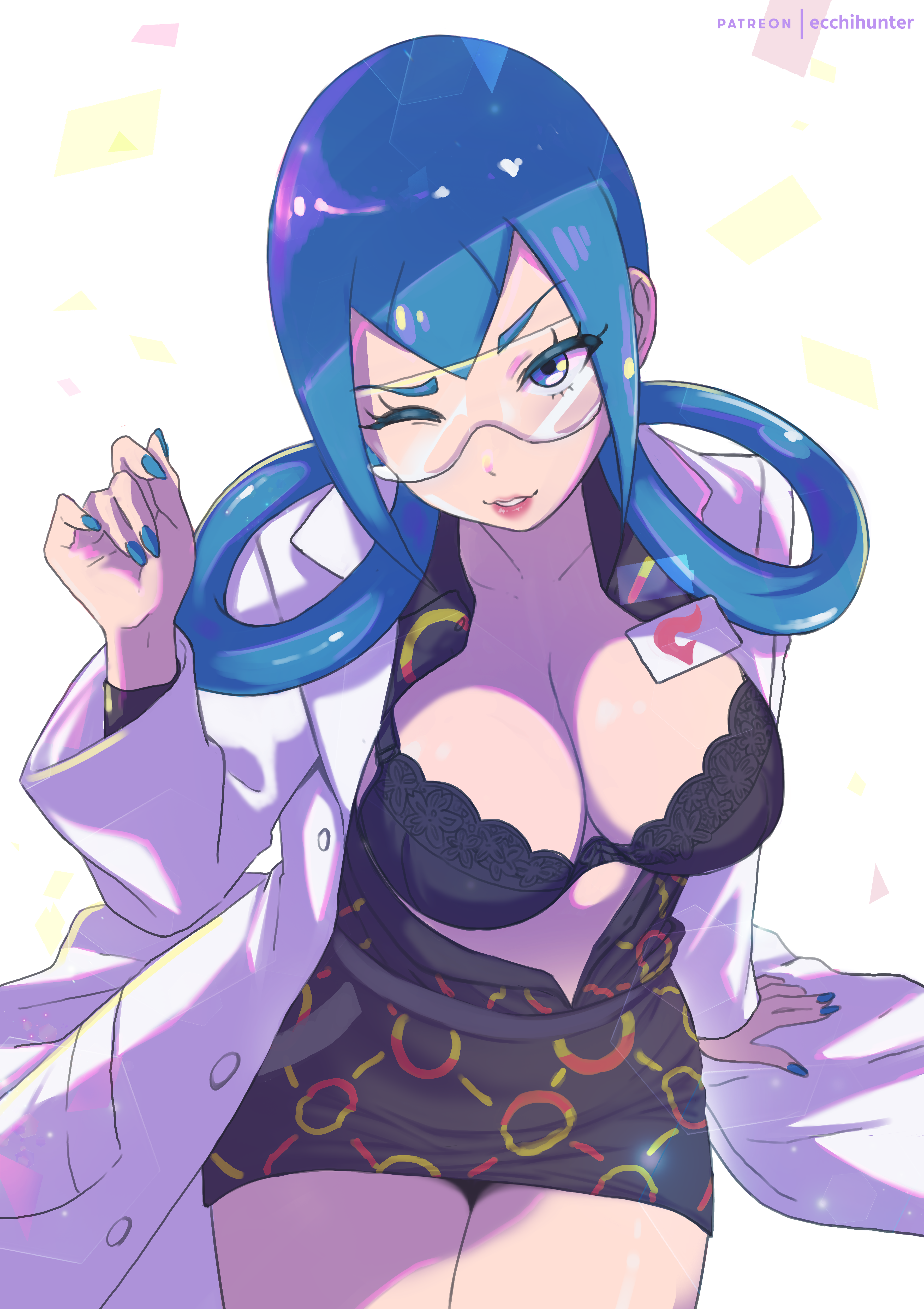 eiko (ecchihunter), mable (pokemon), nintendo, pokemon, pokemon legends: z-a, absurdres, highres, mixed-language commentary, 1girl, alternate breast size (larger), arm support, black bra, blue hair, blue nails, bra, breasts, coat, dress, eyelashes, glasses, hair rings, hand up, large breasts, long hair, long sleeves, nail polish, one eye closed, open clothes, open coat, print dress, sitting, solo, underwear, white background