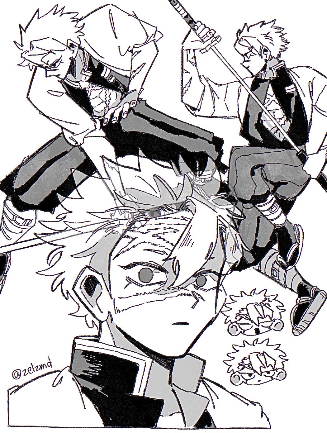 zelzmd, shinazugawa sanemi, kimetsu no yaiba, highres, 1boy, black jacket, chibi, demon slayer uniform, facial scar, greyscale, hair between eyes, high collar, holding, holding sword, holding weapon, jacket, katana, legs apart, looking at viewer, male focus, monochrome, multiple views, open clothes, open jacket, parted lips, profile, scar, scar on cheek, scar on face, solo, spiked hair, sword, upper body, weapon