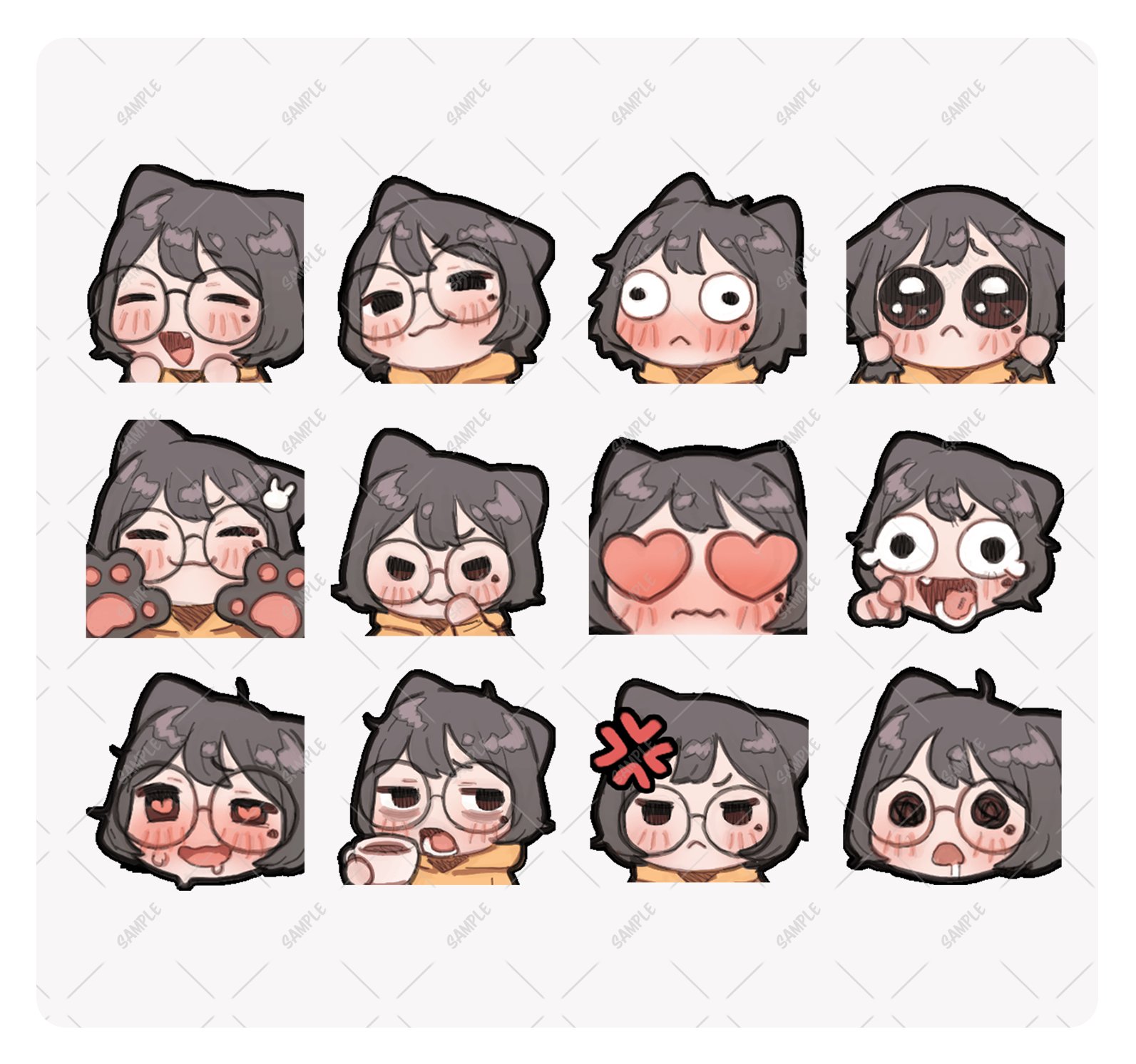 possummachine, possi (possummachine), original, highres, image sample, 1girl, animal ears, black eyes, brown hair, cat ears, chibi, emoji, fang, heart, heart-shaped eyes, heart-shaped pupils, laughing, medium hair, mole, mole under eye, multiple persona, pointing, pointing at viewer, round eyewear, sample watermark, sitting, symbol-shaped pupils, watermark, white background