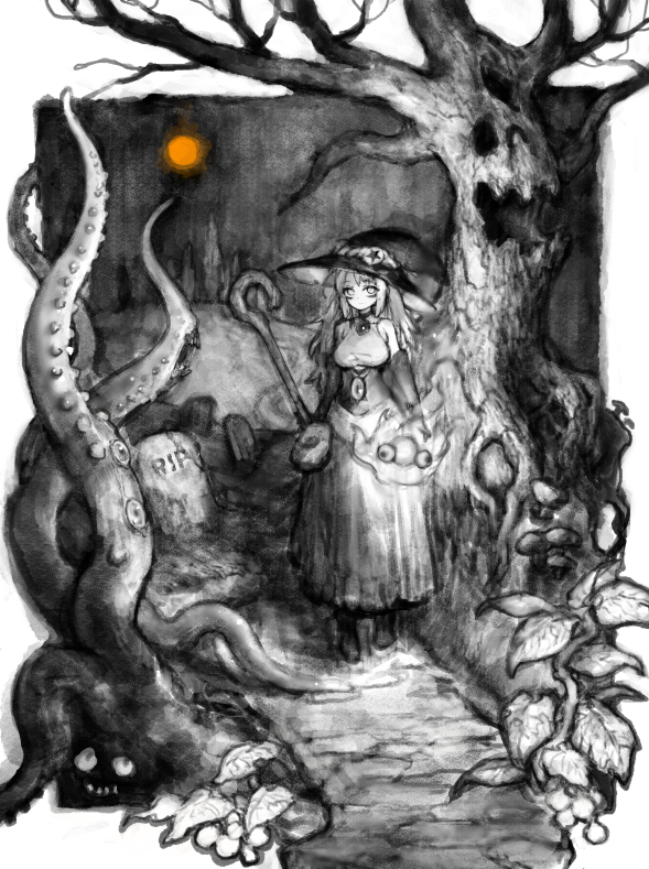 pon (tab rasa), original, commentary request, 1girl, bare tree, boots, breasts, brooch, dress, elbow gloves, eyes in shadow, full moon, gloves, greyscale, hat, holding, holding staff, jewelry, large breasts, looking at viewer, monochrome, moon, mushroom, nature, night, orange moon, outdoors, outside border, path, plant, road, sleeveless, sleeveless dress, solo, spot color, staff, standing, tentacles, tombstone, tree, wide shot, will-o'-the-wisp (mythology), witch, witch hat