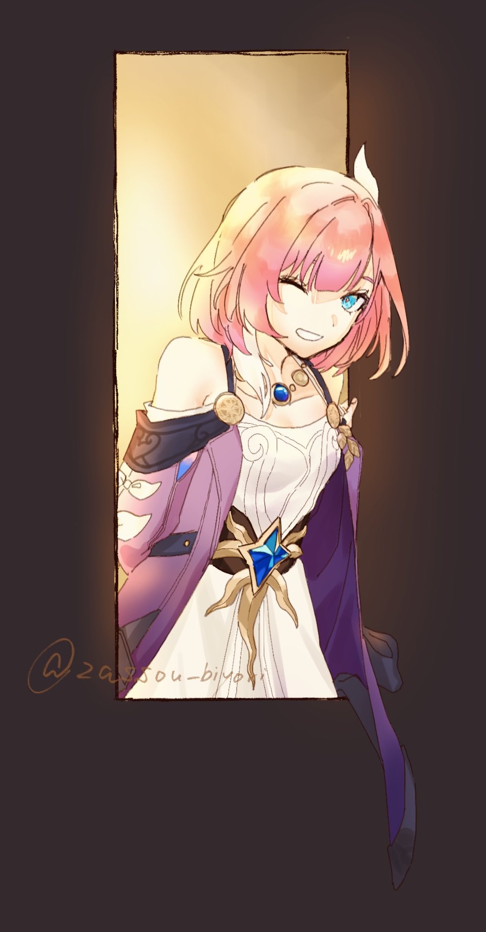 cyrene (honkai: star rail), honkai: star rail, honkai (series), highres, 1girl, ;), bare shoulders, blue eyes, breasts, coat, cyrene (aedes elysiae) (honkai: star rail), dress, hair ornament, jewelry, looking at viewer, multicolored hair, necklace, one eye closed, pink hair, purple coat, short hair, small breasts, smile, solo, through window, twintails, two-tone hair, white dress, white hair, zassou biyori
