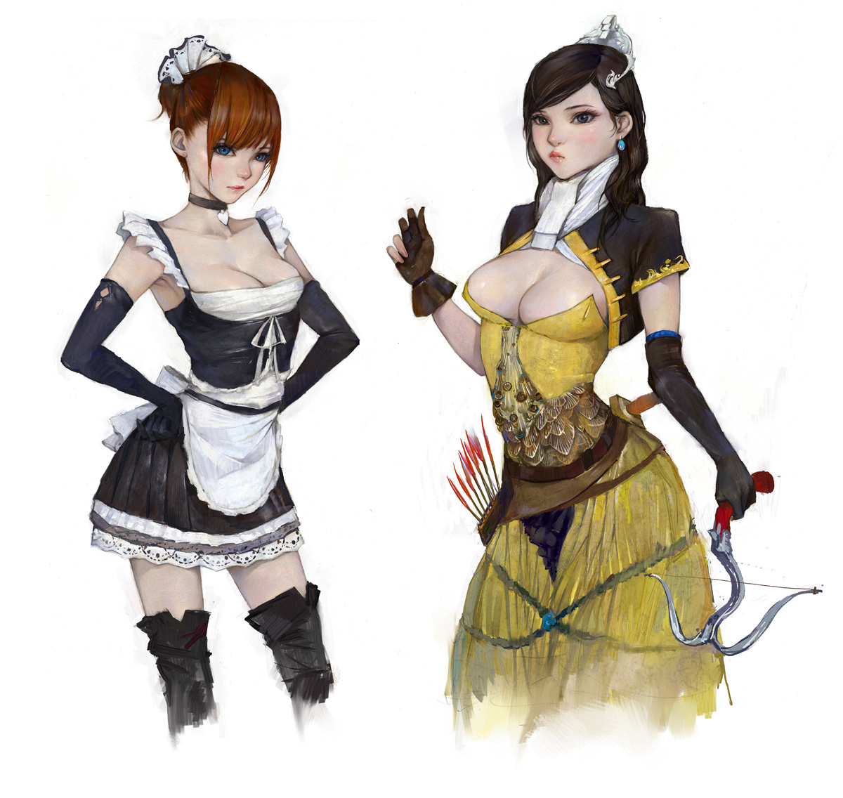 amatiz, original, bad id, md5 mismatch, 2girls, apron, black hair, blue eyes, bow (weapon), breasts, choker, cleavage, crossbow, dress, earrings, elbow gloves, gloves, grey eyes, jewelry, large breasts, maid, maid apron, multiple girls, red hair, thighhighs, weapon, zettai ryouiki