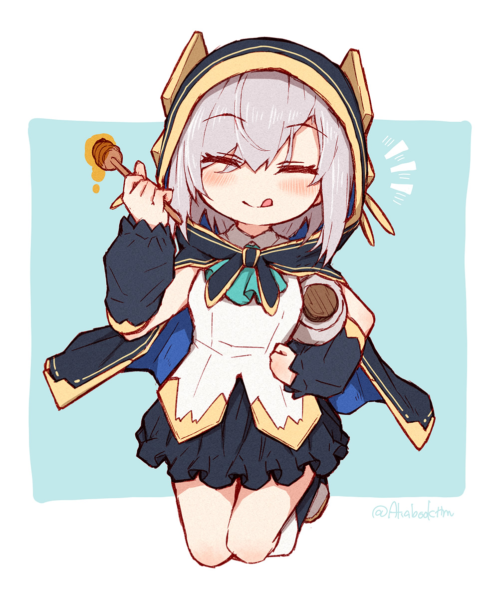 tatami kami, ars almal, ars almal (1st costume), nijisanji, highres, 1girl, aqua ascot, ascot, black cape, black cloak, black skirt, black sleeves, blue ascot, blush, breasts, cape, cloak, detached sleeves, food, hair between eyes, holding honeypot, honey, honey dipper, honeypot, hood, hood up, hooded cape, hooded cloak, jumping, licking lips, long sleeves, miniskirt, puffy long sleeves, puffy sleeves, shirt, short hair, simple background, skirt, sleeveless, smile, solo, tongue, tongue out, virtual youtuber, white hair, white shirt