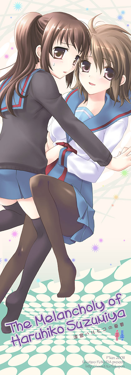 fukuda fukutarou, koizumi itsuki (female), kyonko, suzumiya haruhi no yuuutsu, highres, 00s, 2girls, brown eyes, brown hair, cardigan, genderswap, genderswap (mtf), long hair, multiple girls, pantyhose, ponytail, school uniform, serafuku, short hair, thighhighs