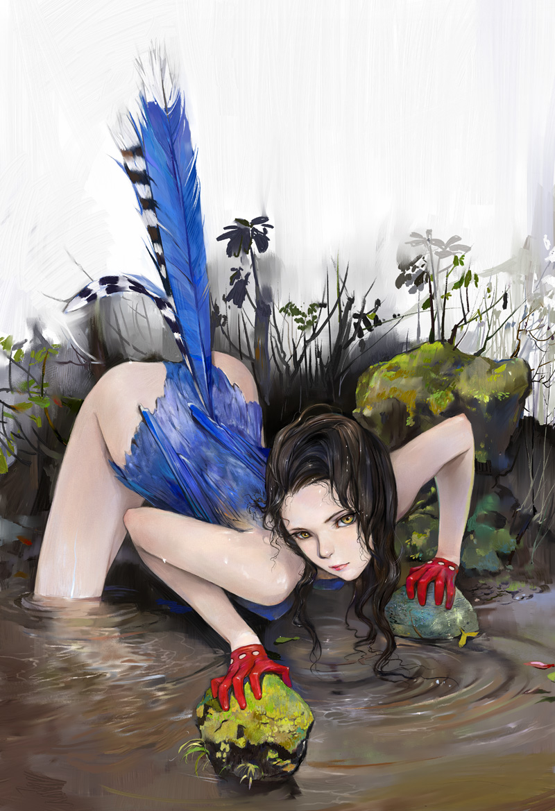 amatiz, original, 1girl, bird, black hair, feathers, female focus, gloves, long hair, nature, nude, personification, solo, water, yellow eyes