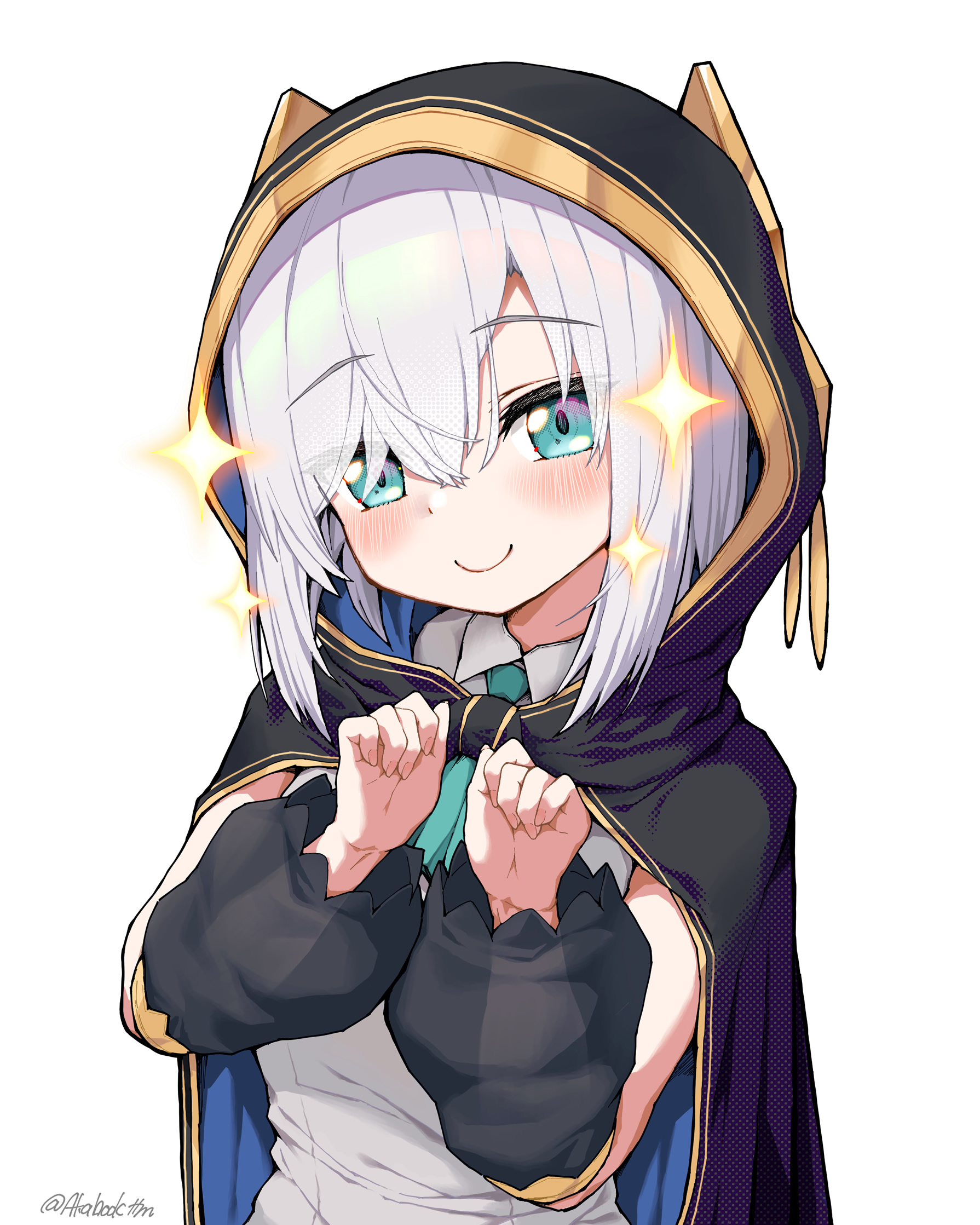 tatami kami, ars almal, ars almal (1st costume), nijisanji, highres, 1girl, aqua ascot, arms up, ascot, black cape, black cloak, black sleeves, blue ascot, blue eyes, blush, breasts, cape, cloak, detached sleeves, gold trim, grey hair, hair between eyes, hood, hood up, hooded cape, hooded cloak, long sleeves, looking at viewer, puffy long sleeves, puffy sleeves, see-through clothes, see-through sleeves, shirt, short hair, skirt, sleeveless, smile, solo, sparkle, twitter username, upper body, virtual youtuber, white background, white hair, white shirt
