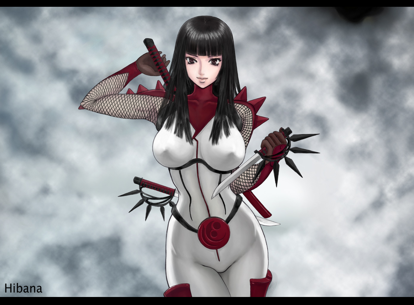 ark (morita hitomi), hibana, kunoichi (game), sega, shinobi (game), 1girl, black hair, blunt bangs, bodysuit, breasts, character name, covered erect nipples, cowboy shot, female focus, fishnets, groin, hime cut, hip focus, large breasts, letterboxed, ninja, skin tight, solo, weapon