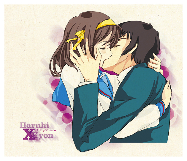 ninamo, kyon, suzumiya haruhi, suzumiya haruhi no yuuutsu, derivative work, 00s, 1boy, 1girl, brown hair, character name, couple, english text, hairband, hetero, kiss, school uniform, serafuku, short hair, yellow background