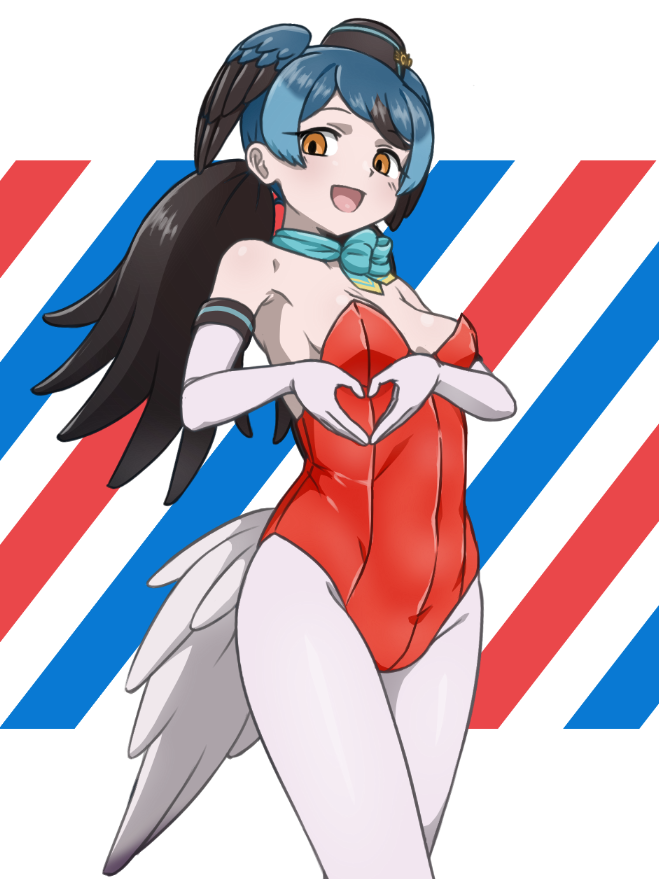 acesrulez, passenger pigeon (kemono friends), kemono friends, alternate costume, bare shoulders, bird girl, bird tail, bird wings, black hair, black hat, blue hair, blue scarf, cowboy shot, elbow gloves, garrison cap, gloves, hair between eyes, hat, head wings, heart, heart hands, japari symbol, leotard, multicolored hair, orange eyes, pantyhose, playboy bunny, ponytail, red leotard, scarf, sidelocks, sleeveless, strapless, strapless leotard, tail, white gloves, white pantyhose, wings