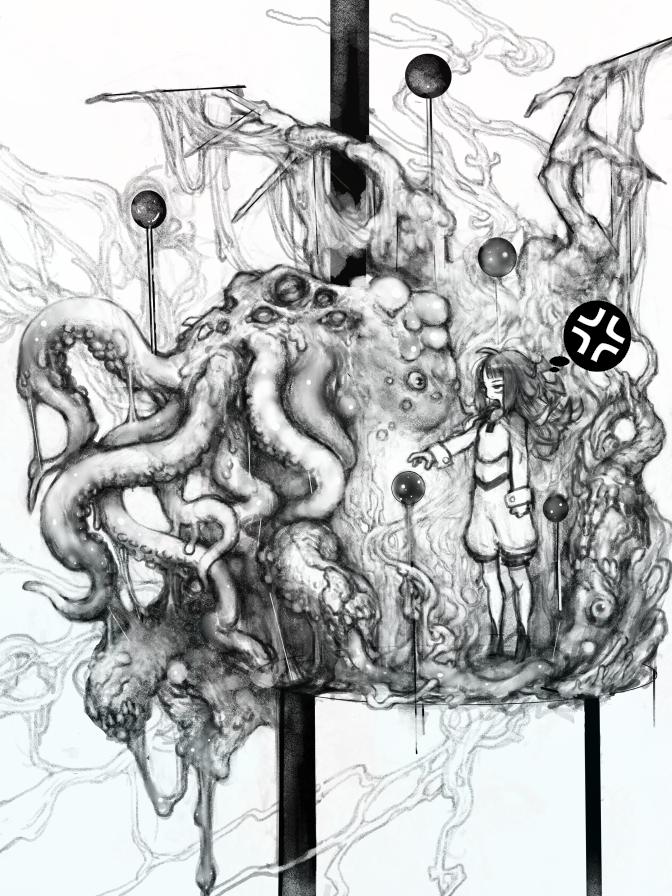 pon (tab rasa), cthulhu, original, 1girl, anger vein, boots, breasts, cropped shirt, eyeball, greyscale, insect pin, long hair, long sleeves, looking ahead, midriff, monochrome, monster, navel, outstretched arm, oversized object, profile, puffy shorts, reaching, rotting, shorts, sleeve cuffs, slime (substance), small breasts, solo, spoken anger vein, standing, tentacles, wings
