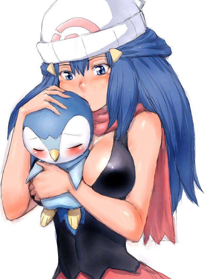 fumio (rsqkr), dawn (pokemon), piplup, nintendo, pokemon, 1girl, between breasts, blue eyes, blue hair, blush, breasts, gen 4 pokemon, hat, kiss, large breasts, lips, long hair, pokemon (creature), red scarf, scarf