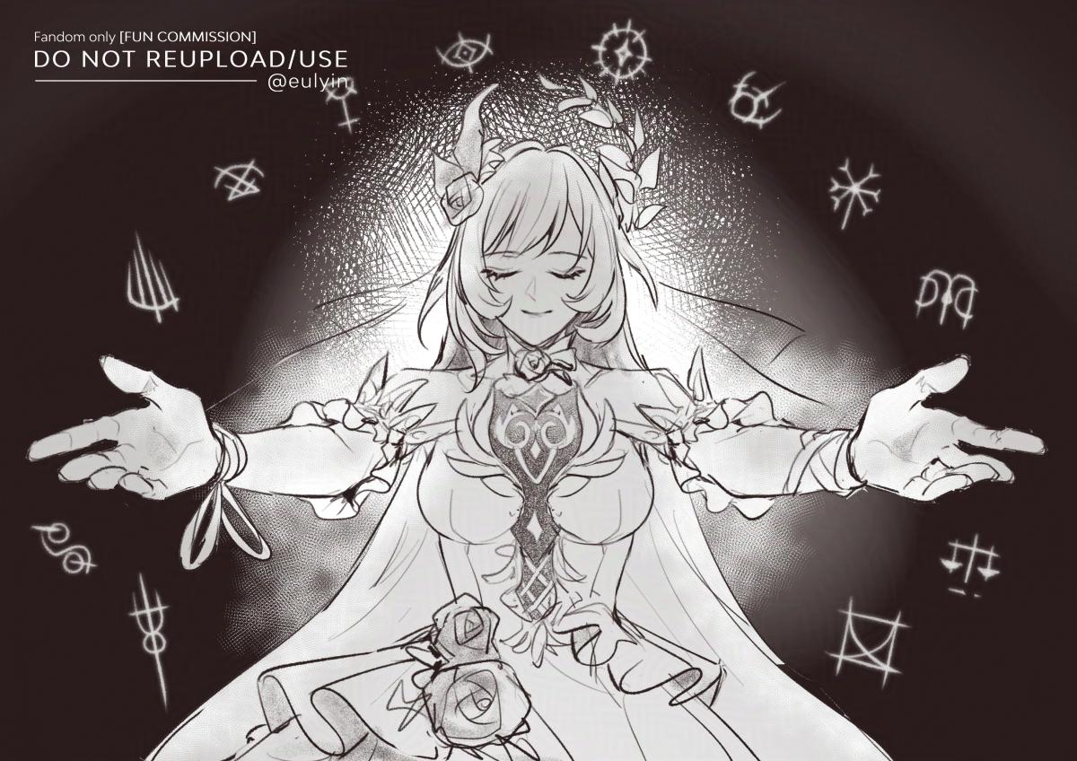 eulyin huan, cyrene (honkai: star rail), cyrene (ripples of past reverie) (honkai: star rail), honkai: star rail, honkai (series), commentary, commission, english commentary, 1girl, breasts, coreflame (honkai: star rail), dress, greyscale, hair focus, halo, large breasts, long hair, monochrome, smile, solo, very long hair