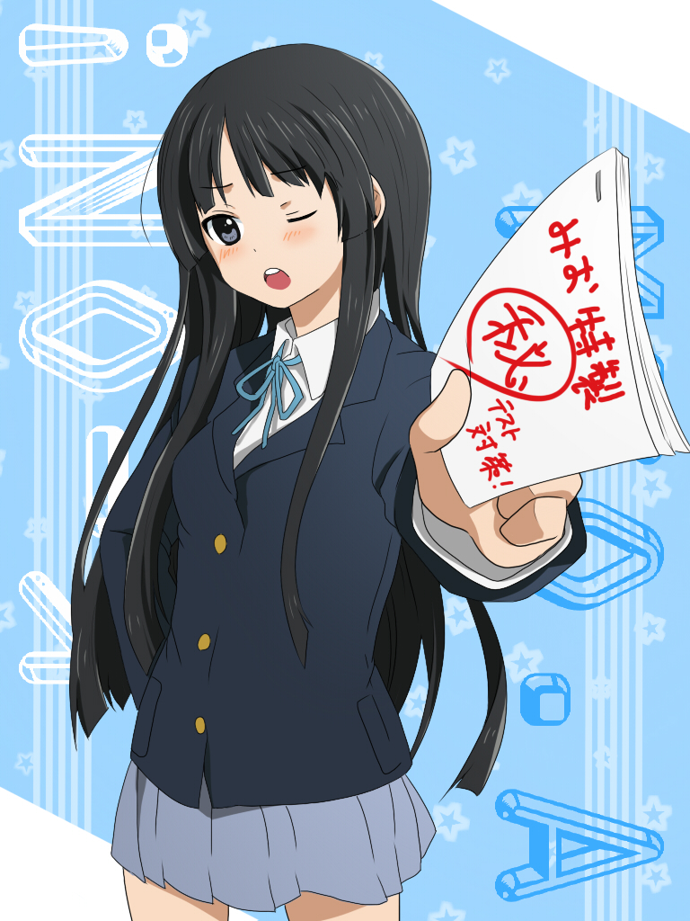 hot@dog, akiyama mio, k-on!, bad id, bad pixiv id, translated, 00s, 1girl, black eyes, black hair, female focus, long hair, papers, school uniform, solo, wink