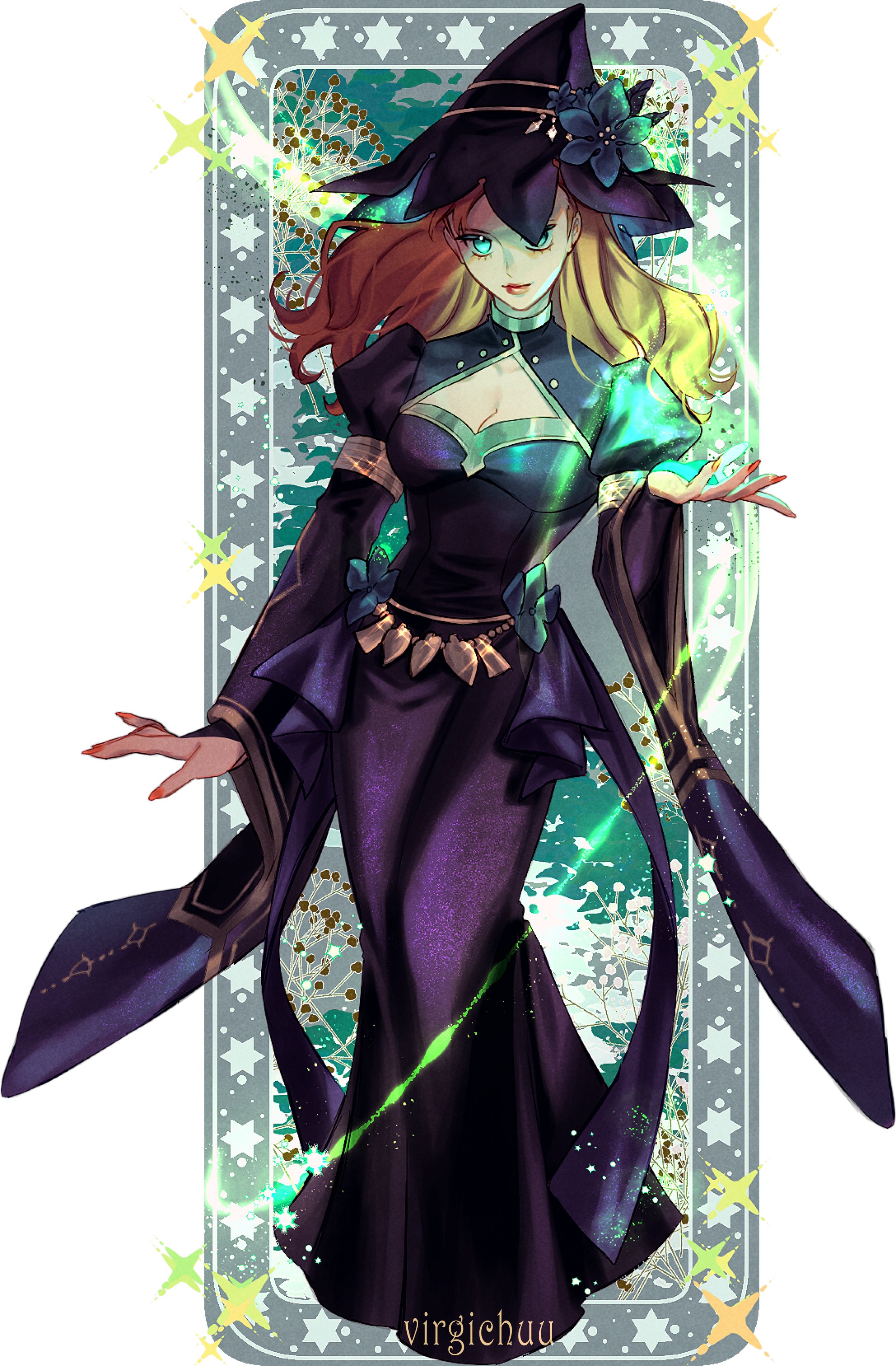 virgichuu, annette fantine dominic, annette fantine dominic (timeskip), fire emblem, fire emblem: three houses, nintendo, world witches series, absurdres, highres, 1girl, alternate costume, black dress, blue eyes, breasts, cleavage, cleavage cutout, closed mouth, clothing cutout, dress, green eyes, hat, long hair, long sleeves, looking at viewer, magic, medium breasts, orange hair, orange nails, red lips, smile, solo, star (symbol), witch, witch hat