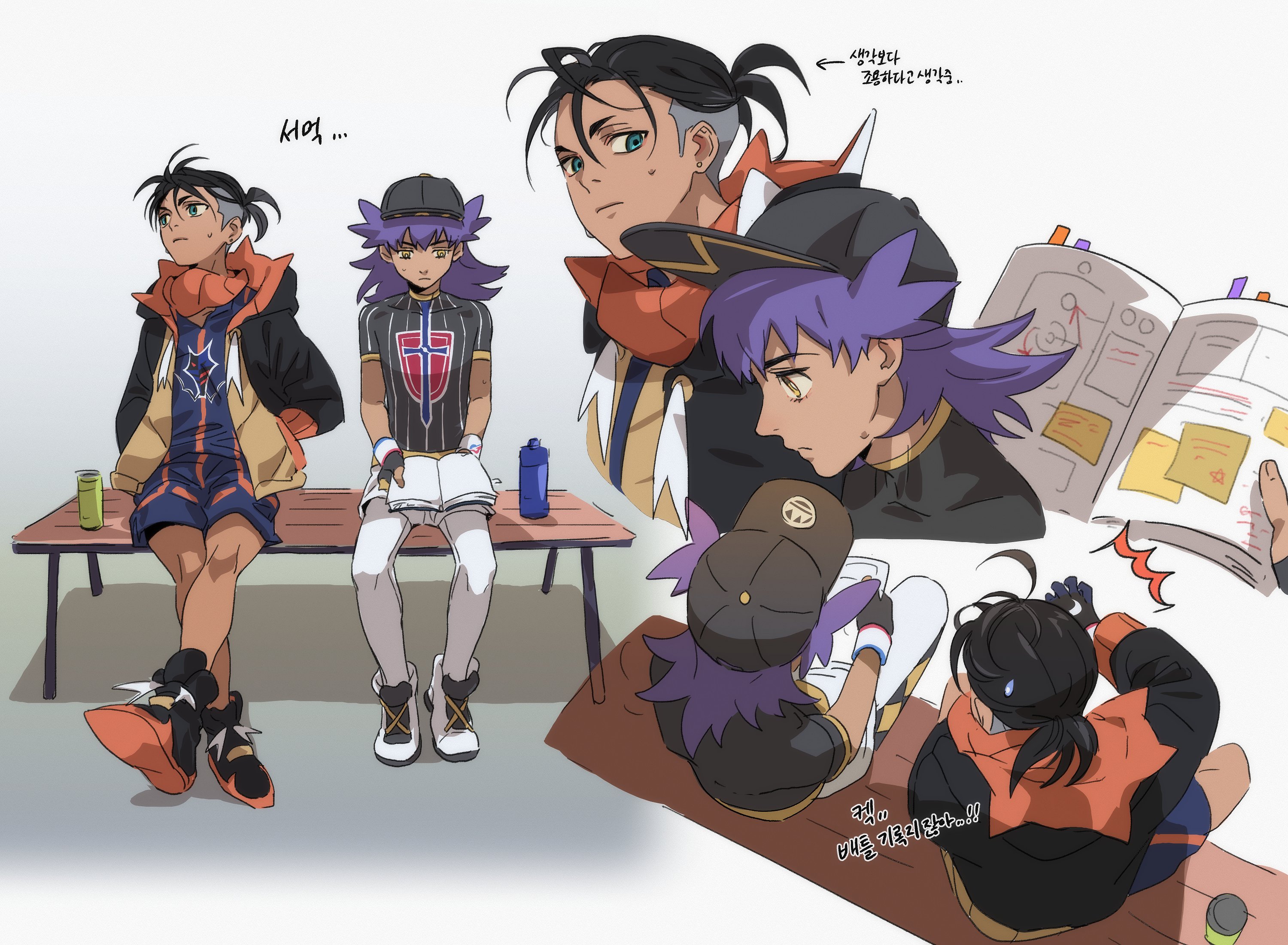 ch walnut, leon (pokemon), raihan (pokemon), nintendo, pokemon, pokemon swsh, commentary, highres, translation request, 2boys, aged down, arrow (symbol), bench, black hair, black hat, black hoodie, black shoes, book, bottle, champion uniform, crossed legs, hat, holding, holding book, hood, hoodie, knees, korean text, leggings, male focus, multiple boys, multiple views, open clothes, open hoodie, purple hair, shirt, shoes, short hair, short sleeves, shorts, sitting, tassel, white leggings, white shorts