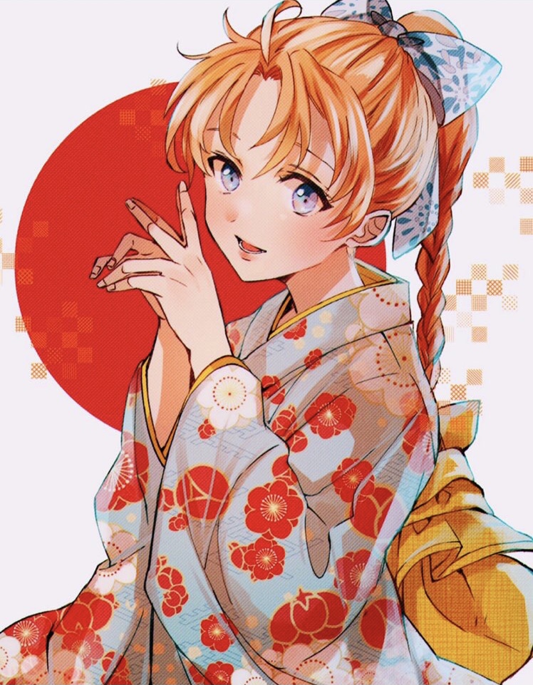 roji (c2263r), ran (bokujou monogatari), bokujou monogatari, bokujou monogatari 2, commentary request, 1girl, alternate costume, blue eyes, blue kimono, blush, bow, fingernails, floral print, floral print kimono, hair bow, japanese clothes, kimono, long hair, looking at viewer, orange hair, ponytail, print kimono, smile, solo