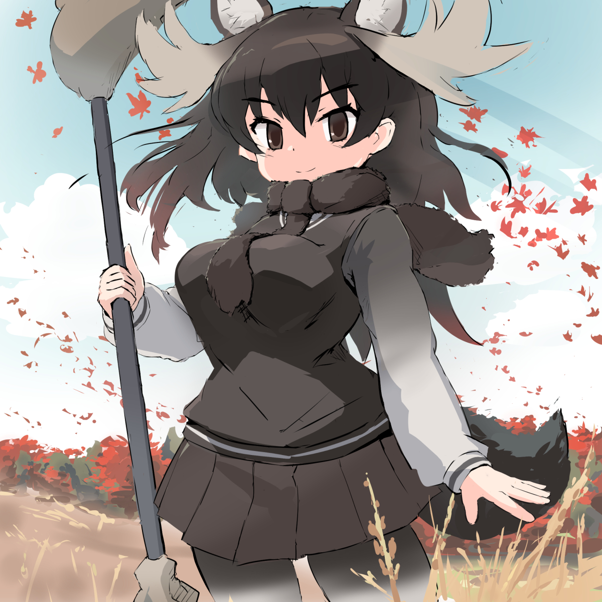 koutsuu (koutuukanseikan), moose (kemono friends), kemono friends, highres, 1girl, animal ears, antlers, autumn leaves, brown eyes, brown fur, brown hair, brown necktie, brown pantyhose, brown skirt, brown sleeves, brown sweater, cowboy shot, extra ears, fur collar, gradient sleeves, hair between eyes, horns, leaf, long hair, long sleeves, looking at viewer, moose antlers, moose ears, moose girl, moose tail, necktie, pantyhose, pleated skirt, polearm, puffy sleeves, sidelocks, skirt, smile, solo, spear, sweater, tail, weapon, white sleeves