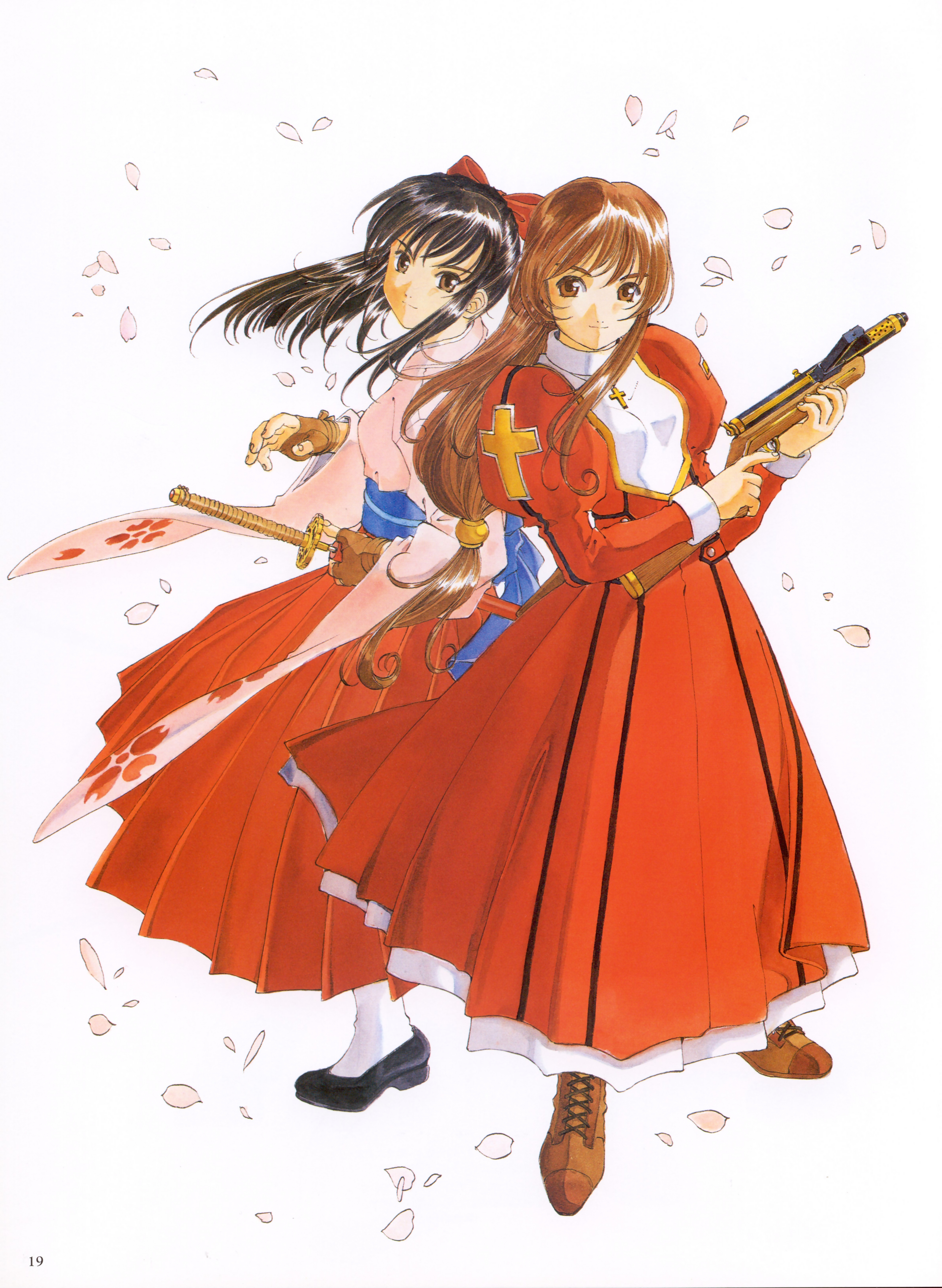 fujishima kousuke, erica fontaine, shinguuji sakura, sakura taisen, sakura taisen iii, sega, absurdres, highres, 00s, 2girls, boots, cross, cross print, japanese clothes, lace-up boots, long hair, low-tied long hair, multiple girls, petals, simple background, white background