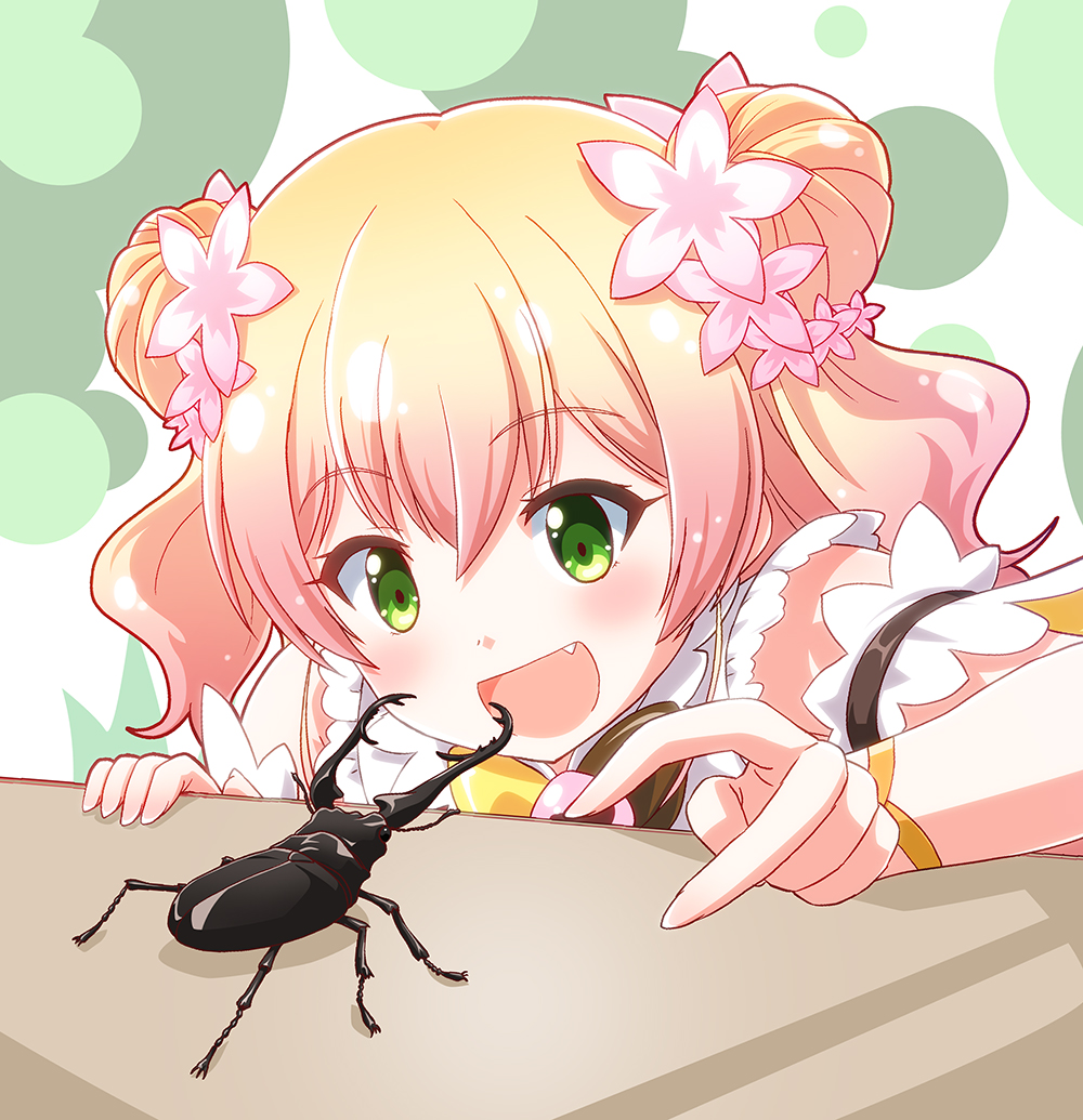 sumeragi kou, momosuzu nene, momosuzu nene (1st costume), hololive, commentary request, 1girl, :d, arm garter, beetle, blonde hair, bow, bowtie, brown bow, brown bowtie, bug, crossed bangs, double bun, fang, flower, frilled shirt, frills, gradient hair, green eyes, hair between eyes, hair bun, hair flower, hair ornament, insect, long hair, looking at animal, multicolored bow, multicolored hair, open mouth, pink flower, pink hair, shirt, sidelocks, smile, solo, stag beetle, two side up, virtual youtuber, yellow bow, yellow bowtie