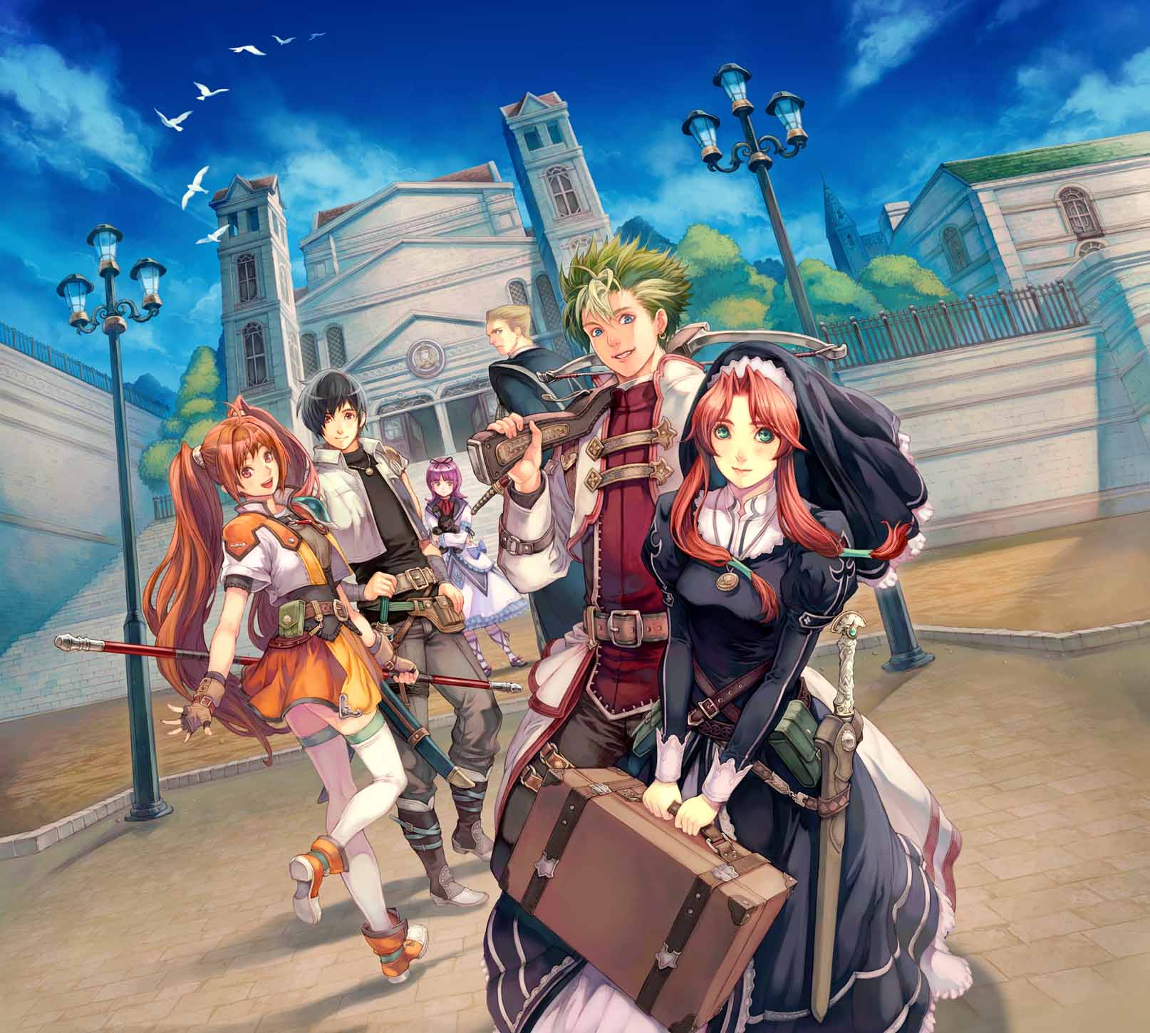 alan richard, estelle bright, joshua bright, kevin graham, renne (eiyuu densetsu), ries argent, eiyuu densetsu, falcom, sora no kiseki, luggage, character request, highres, official art, 3girls, bow, bow (weapon), crossbow, fingerless gloves, gloves, green eyes, green hair, long hair, multiple girls, nun, orange skirt, polearm, red hair, short hair, skirt, staff, suitcase, sword, thighhighs, twintails, weapon