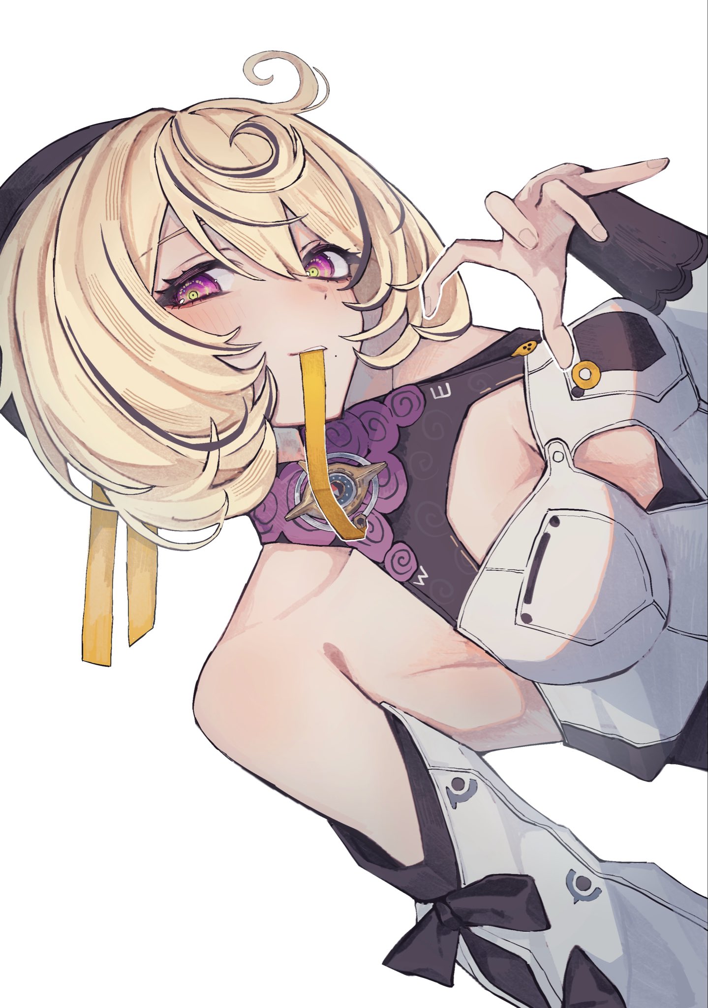 yidhari murphy, zenless zone zero, commentary request, highres, 1girl, alternate breast size (smaller), bare shoulders, black bow, black hat, blonde hair, blush, bow, breasts, cleavage, czc9q2, detached sleeves, hair between eyes, hat, looking at viewer, medium breasts, mole, mole under mouth, mouth hold, purple eyes, ribbon, ribbon in mouth, ringed eyes, shirt, short hair, solo, upper body, white background, white shirt