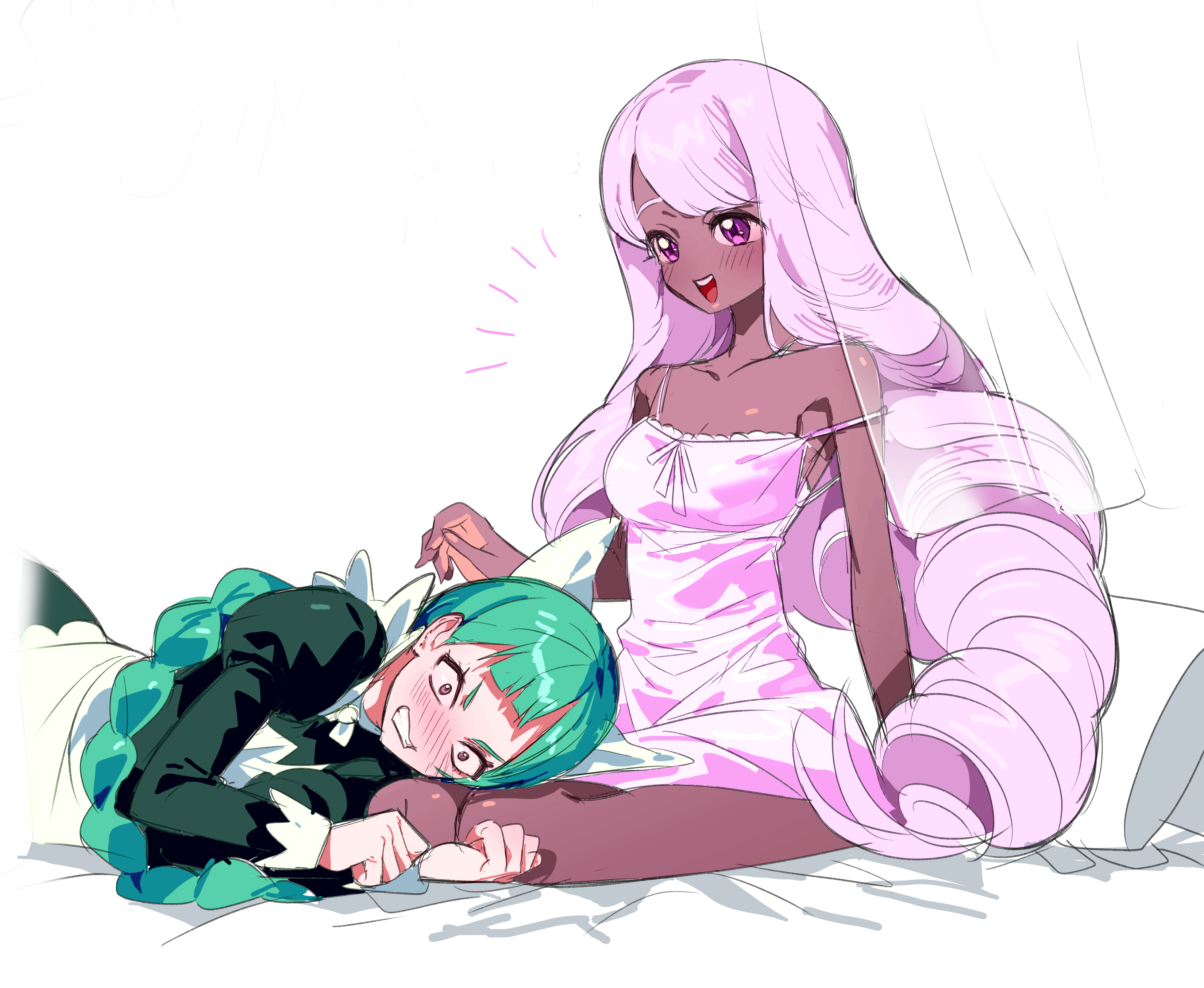 5oh5s2, jacinthe (pokemon), lebanne (pokemon), nintendo, pokemon, pokemon legends: z-a, absurdres, hashtag-only commentary, highres, 2girls, :d, alternate costume, apron, blush, breasts, chemise, clenched teeth, collarbone, dark-skinned female, dark skin, green hair, hands up, lap pillow, long hair, long sleeves, lying, multiple girls, on side, open mouth, pillow, puffy sleeves, purple eyes, single off shoulder, sitting, smile, teeth, tongue, upper teeth only, white apron