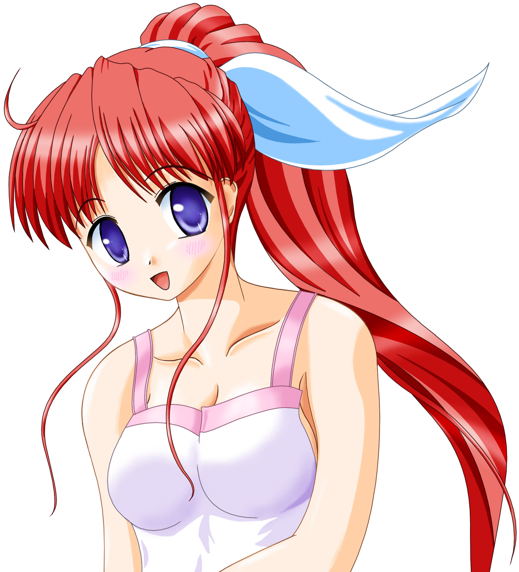 amagasaki mikoto, tsuki wa higashi ni hi wa nishi ni, highres, 00s, 1girl, blush, breasts, female focus, open mouth, ponytail, purple eyes, red hair, simple background, solo