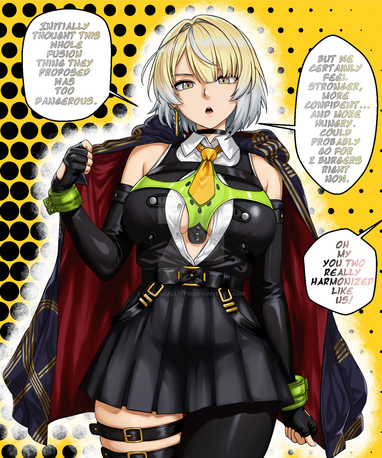 umbracallistis, anby demara, evelyn chevalier, zenless zone zero, highres, bare shoulders, belt, black skirt, blonde hair, breasts, cropped legs, earrings, elbow gloves, fusion, gloves, jewelry, large breasts, medium hair, pleated skirt, skirt, solo, standing, thigh belt, thigh strap, watermark, white hair