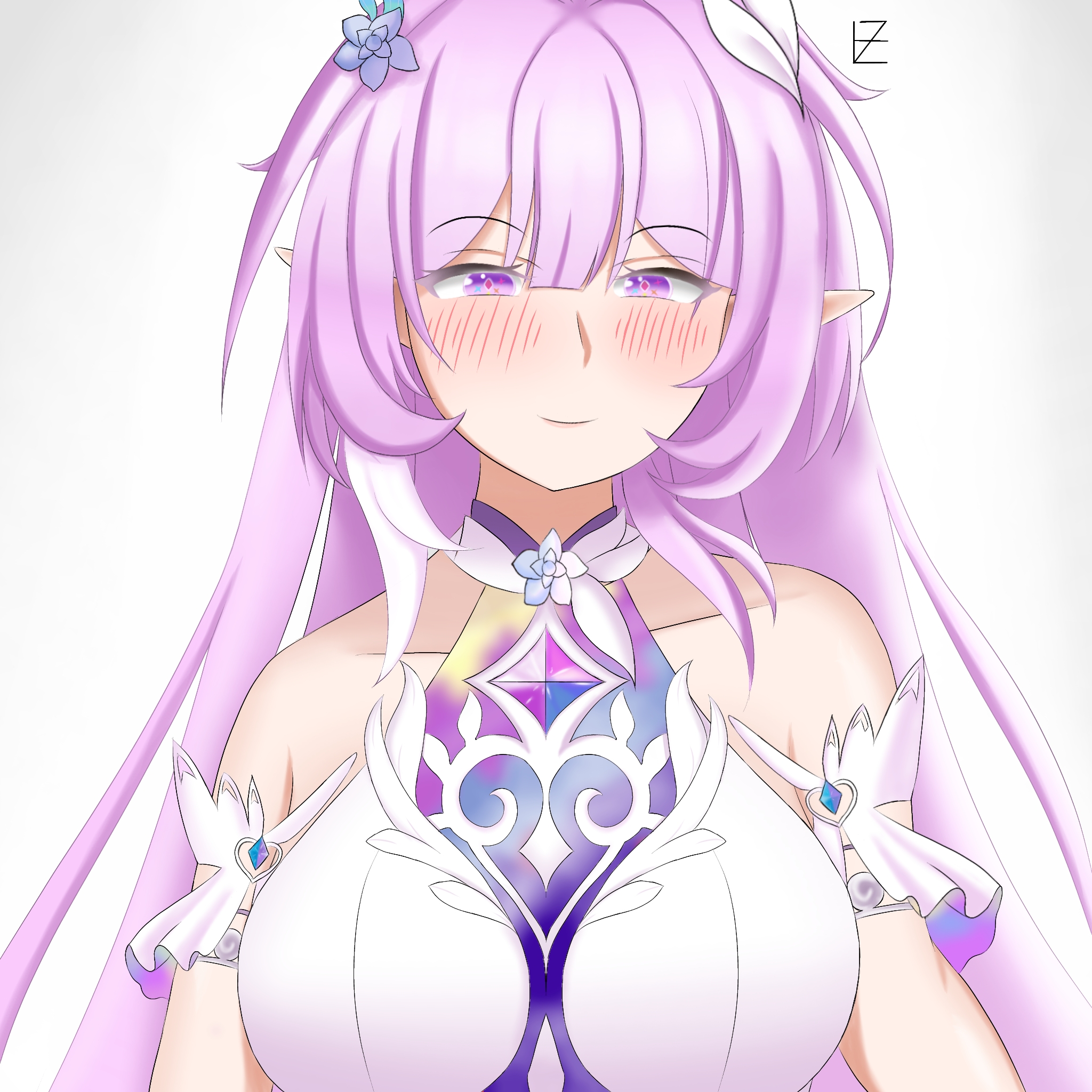 hakaho haze, cyrene (honkai: star rail), cyrene (ripples of past reverie) (honkai: star rail), honkai: star rail, honkai (series), highres, 1girl, bare shoulders, blush, breasts, detached sleeves, dress, large breasts, long hair, looking at viewer, pink hair, pointy ears, purple eyes, smile, white dress