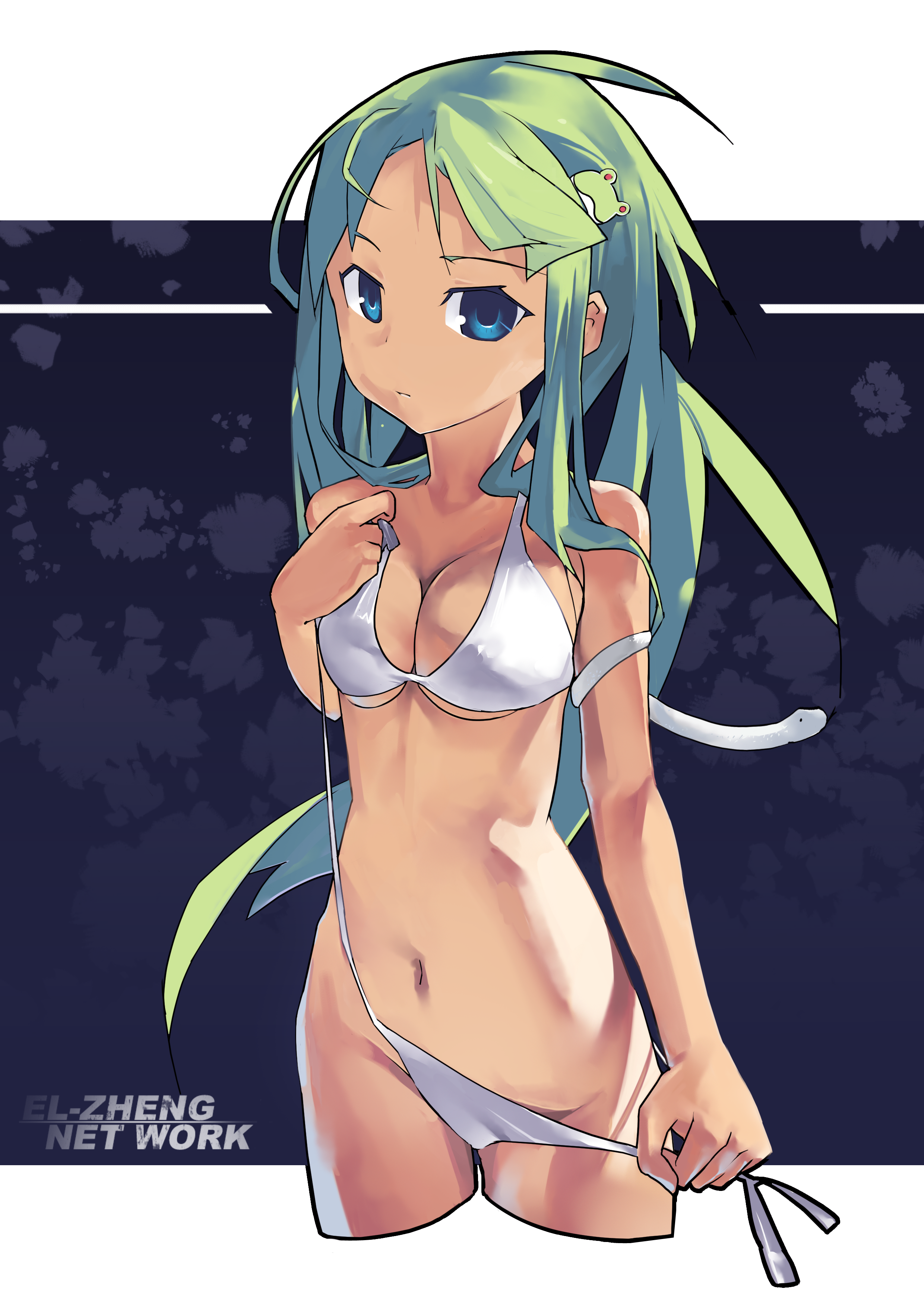 dan evan, kochiya sanae, touhou, untied, absurdres, highres, 1girl, bikini, blue eyes, breasts, cleavage, female focus, frog, green hair, long hair, looking at viewer, navel, side-tie bikini bottom, solo, swimsuit, undressing, white bikini