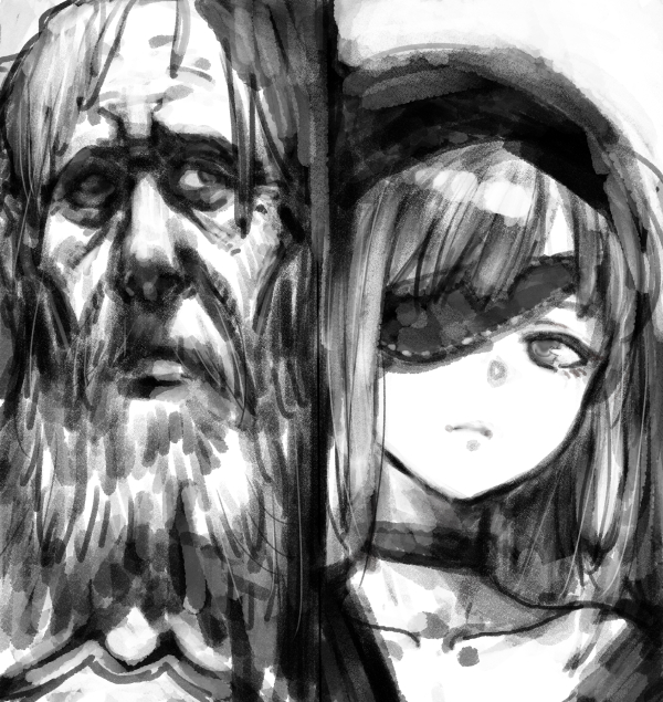 pon (tab rasa), original, commentary request, 1boy, 1girl, beard, choker, collarbone, column lineup, expressionless, eyepatch, facial hair, furrowed brow, greyscale, hood, hood up, light frown, long beard, long hair, looking at viewer, monochrome, mustache, old, old man, one eye covered, portrait, simple background, wrinkled skin