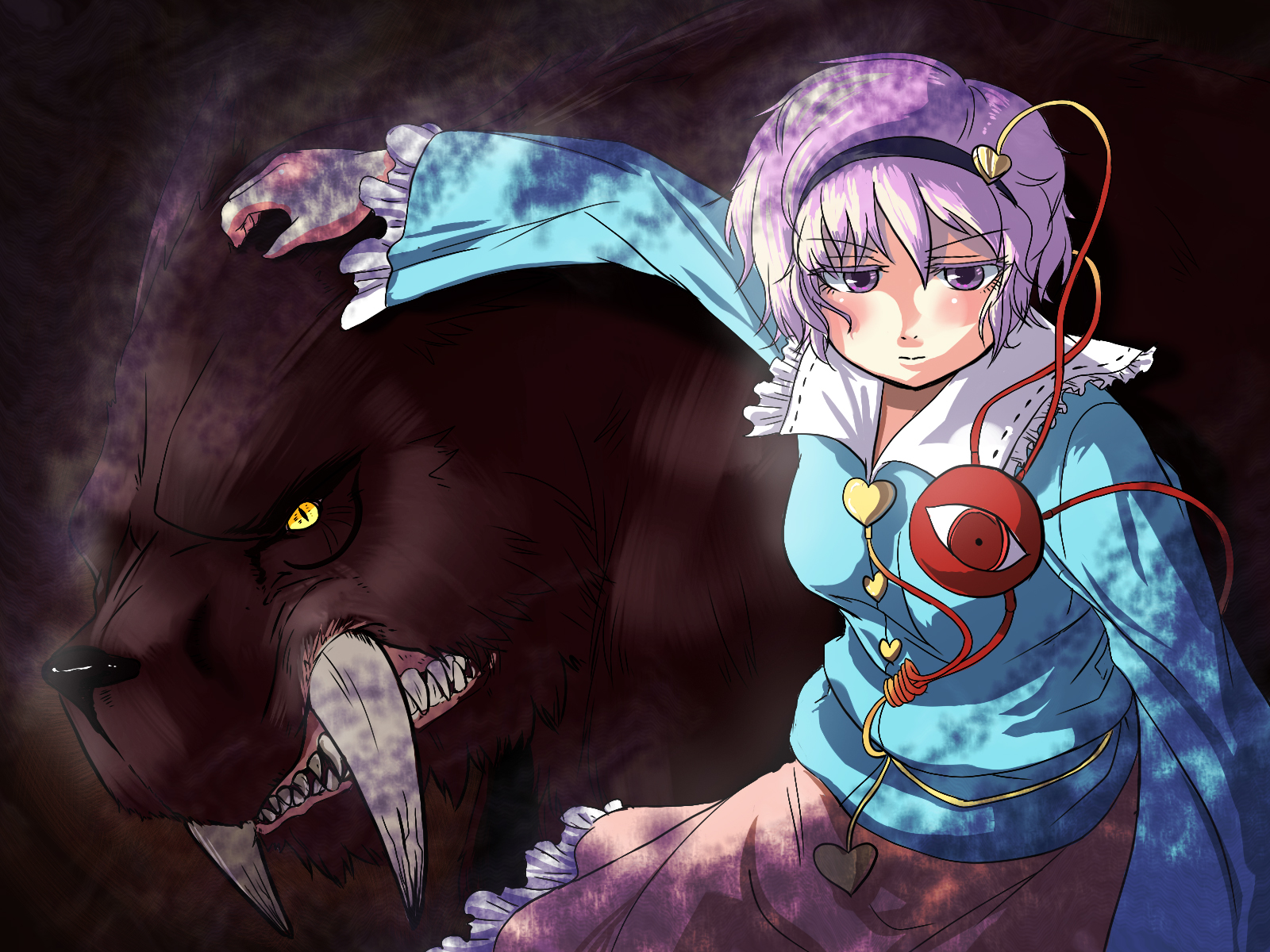 toki (pixiv), komeiji satori, touhou, bad id, bad pixiv id, highres, 1girl, animal, fangs, female focus, hairband, heart, purple eyes, purple hair, short hair, solo, standing