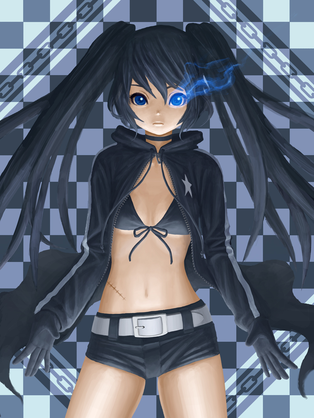 sugimasa, black rock shooter (character), black rock shooter, highres, 10s, belt, bikini, bikini top only, black hair, blue eyes, chain, gloves, glowing, glowing eyes, long hair, midriff, navel, scar, shorts, solo, swimsuit, twintails