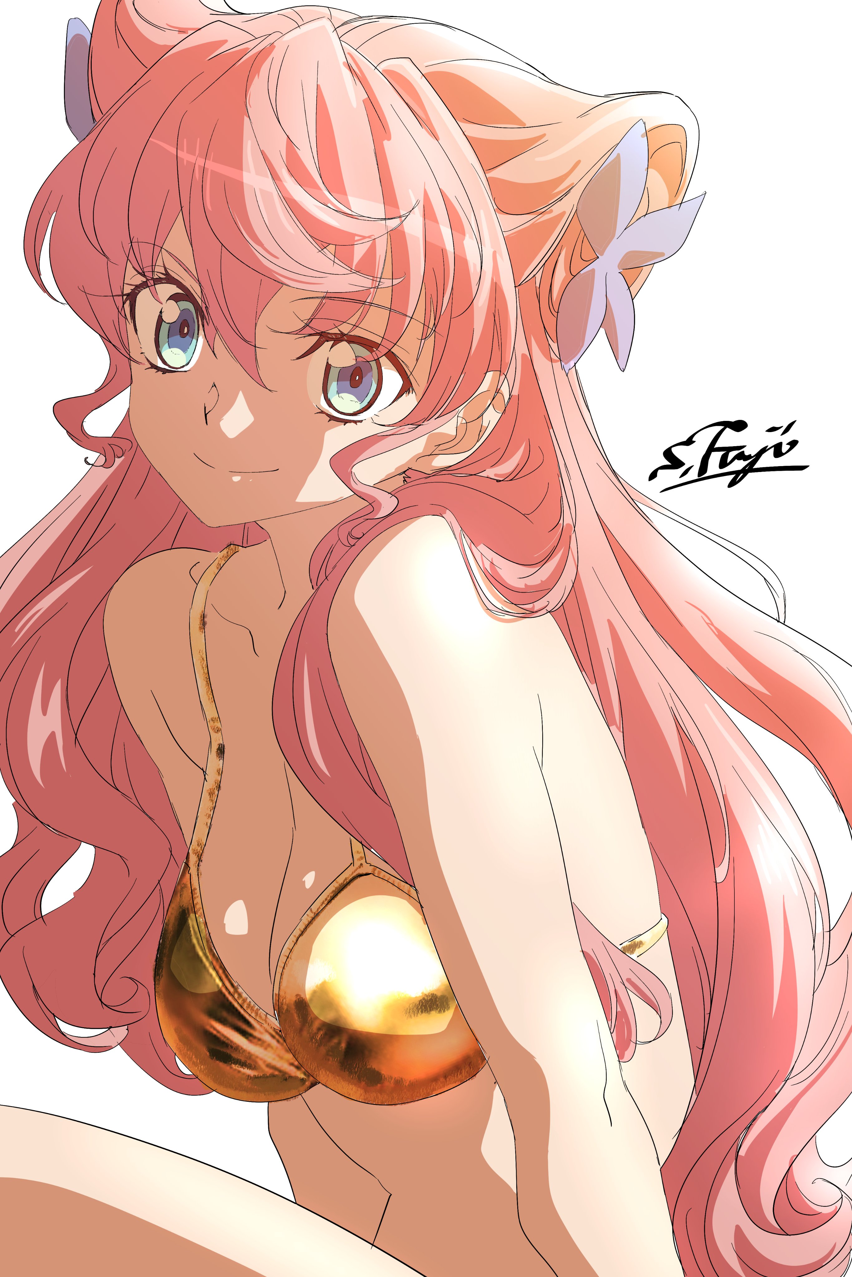 fujimoto satoru, maria cadenzavna eve, senki zesshou symphogear, absurdres, highres, tagme, 1girl, bikini, breasts, cleavage, gold bikini, looking at viewer, medium breasts, pink hair, simple background, swimsuit, white background