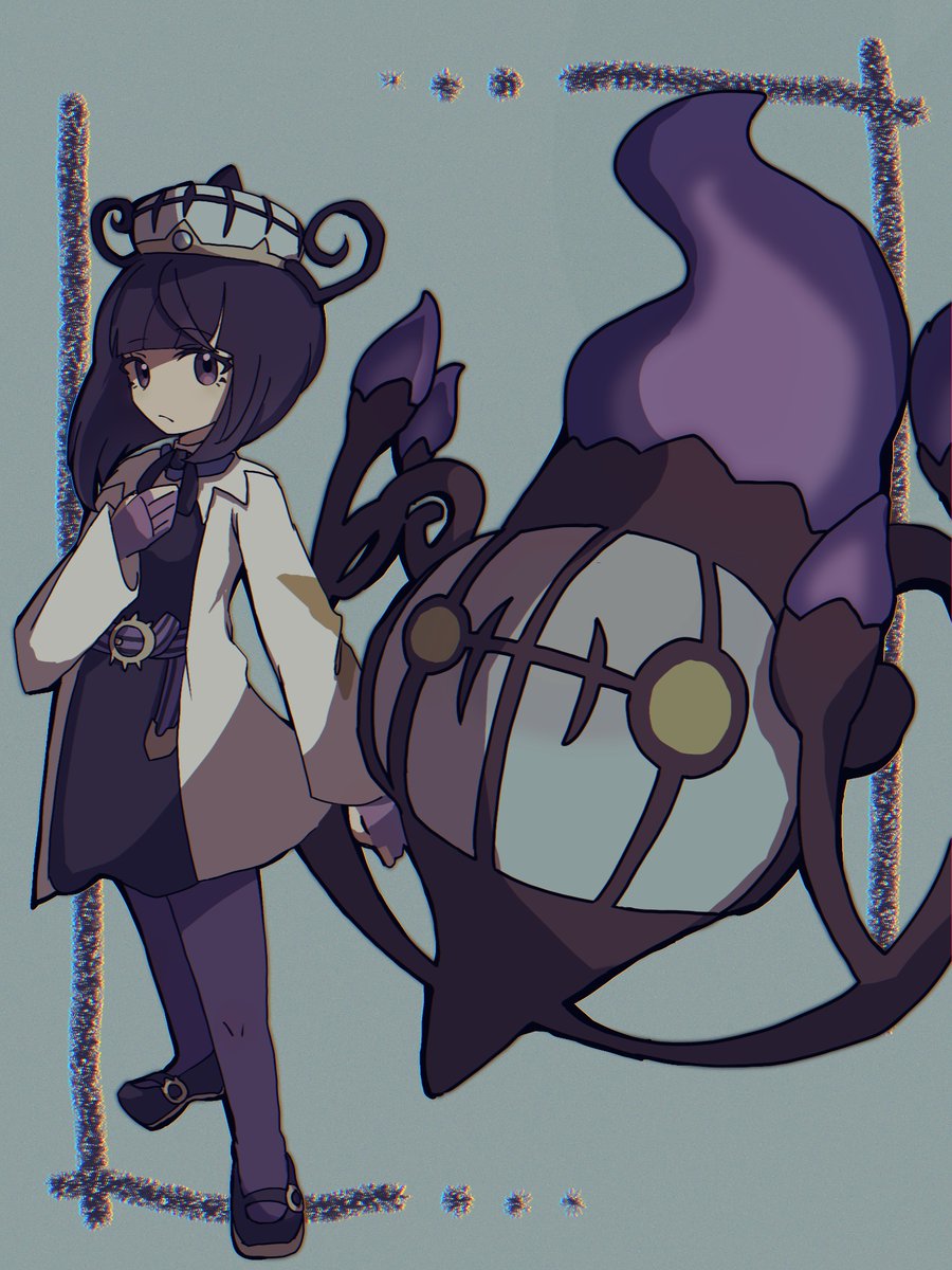 saltmusubi 12, chandelure, gwynn (pokemon), nintendo, pokemon, pokemon legends: z-a, highres, 1girl, belt, belt buckle, black dress, black shoes, bob cut, buckle, closed mouth, coat, dress, full body, gen 5 pokemon, gloves, hat, long sleeves, looking at viewer, o-ring, o-ring belt, open clothes, open coat, pantyhose, partially fingerless gloves, pokemon (creature), purple eyes, purple gloves, purple hair, shoes, short hair, standing, white coat