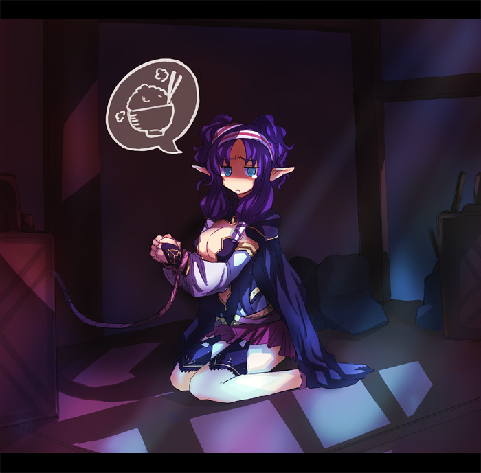kara (color), pixiv fantasia, pixiv fantasia 3, 1girl, bdsm, bondage, bound, bound arms, breasts, cleavage, female focus, hungry, kneeling, large breasts, letterboxed, long hair, pantyhose, pointy ears, purple hair, rope, sad, solo, speech bubble, spoken food, tears, white pantyhose