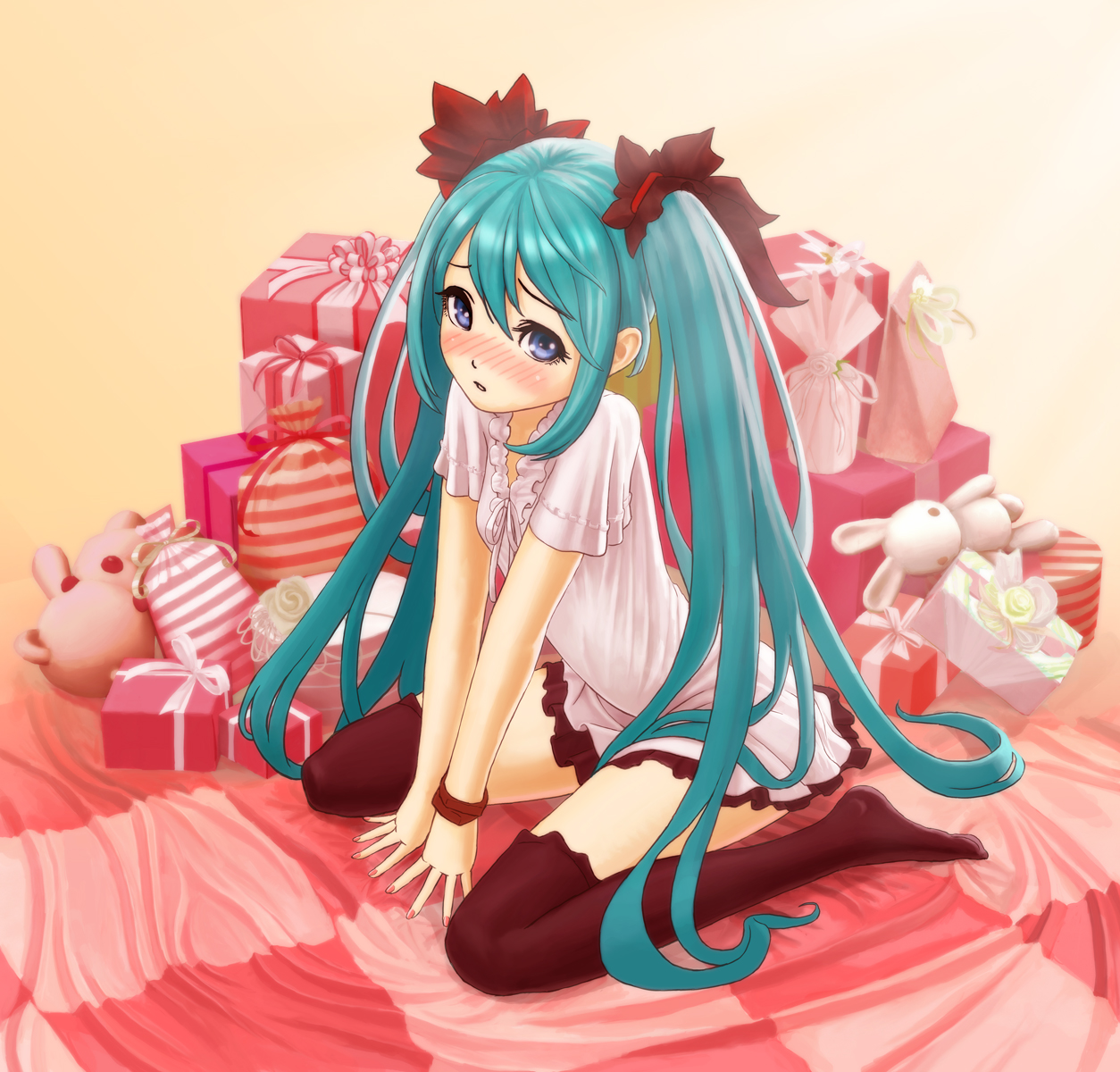 sugimasa, hatsune miku, vocaloid, world is mine (vocaloid), highres, 1girl, aqua hair, black thighhighs, blue eyes, blush, dress, female focus, hair ribbon, long hair, ribbon, sitting, skirt, solo, thighhighs, twintails, wariza, white dress, white skirt