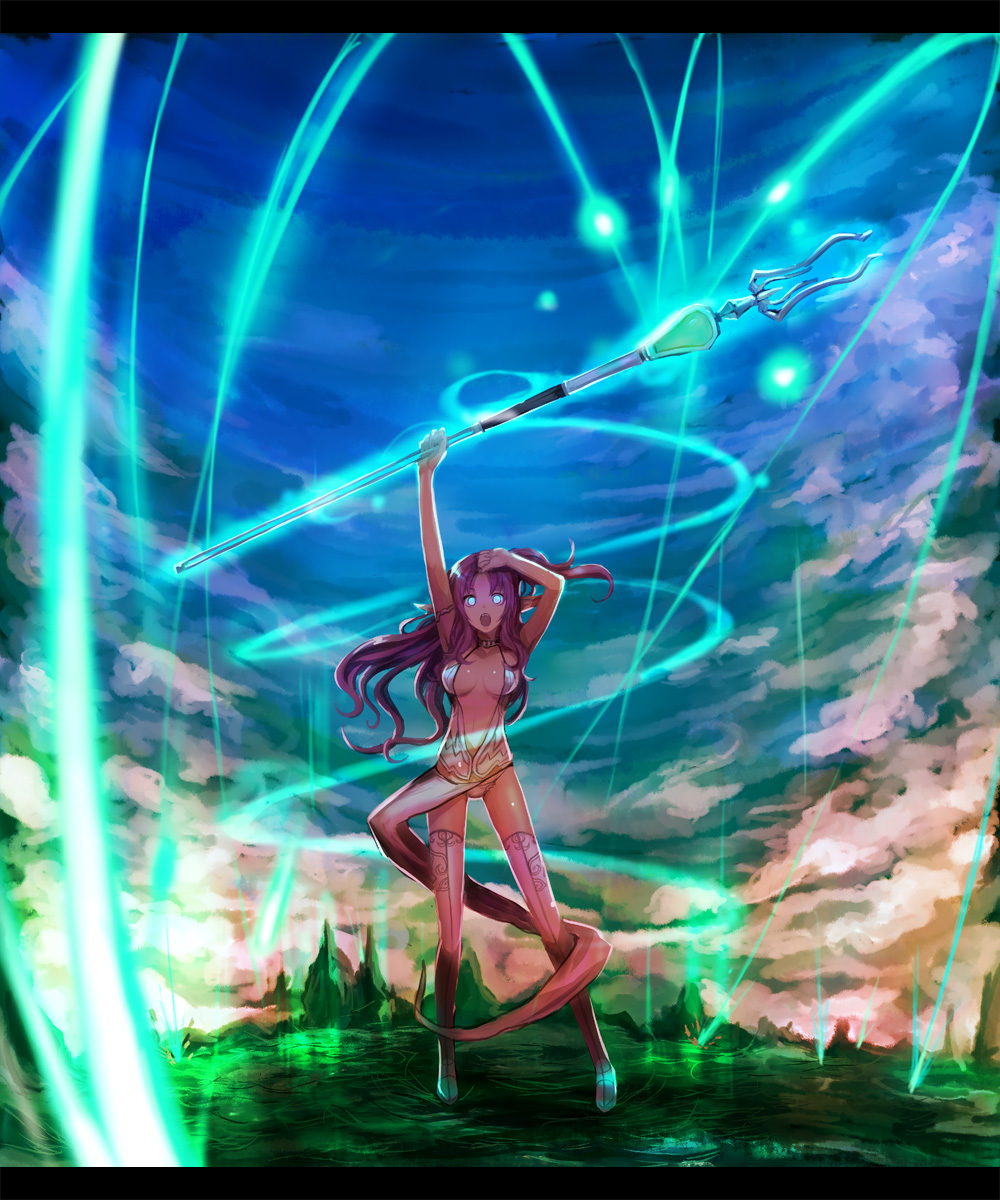 kara (color), pixiv fantasia, pixiv fantasia 3, highres, 1girl, blue eyes, breasts, cleavage, cloud, female focus, gigandal federation, large breasts, letterboxed, long hair, magic, pointy ears, purple hair, red hair, rock, sky, solo, staff, thighhighs