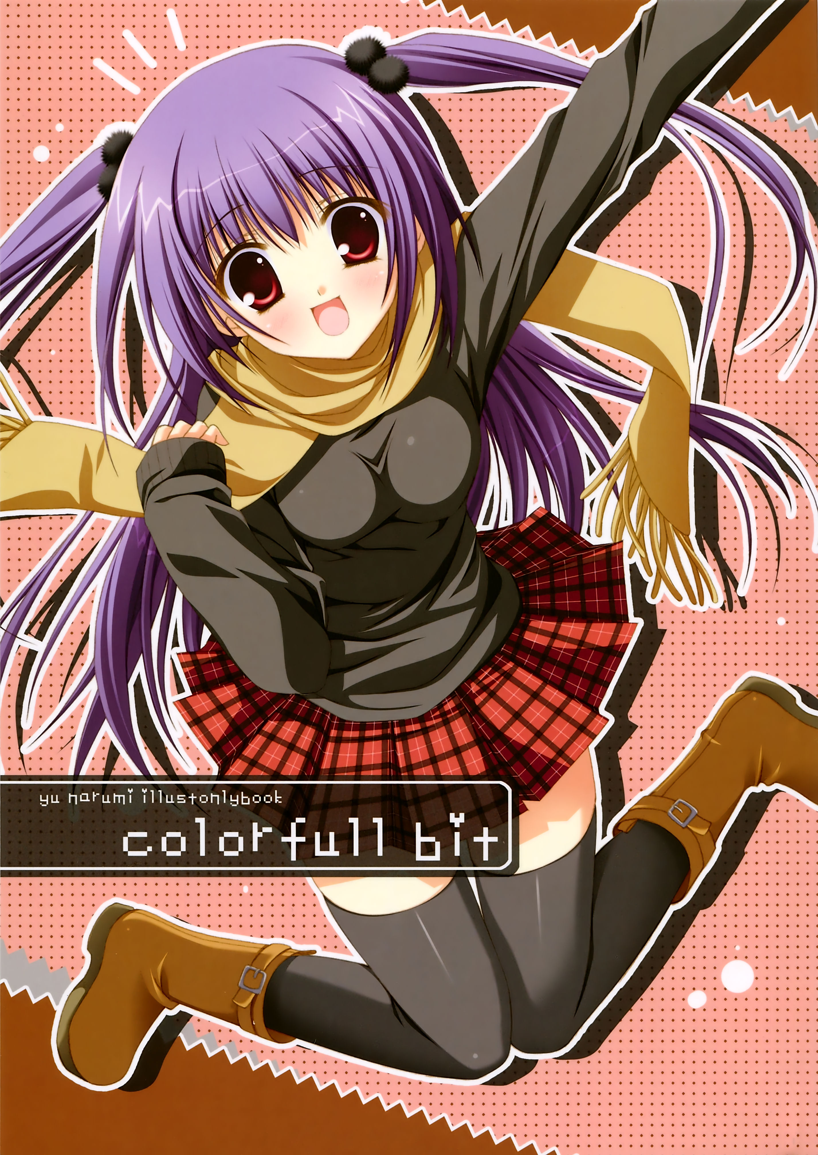 narumi yuu (bunbukudou), absurdres, highres, black thighhighs, long hair, open mouth, plaid clothes, plaid skirt, purple hair, red eyes, scarf, skirt, solo, thighhighs, twintails