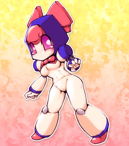 brass (medarot), medarot, artist request, lowres, android, bow, bowtie, breasts, gradient background, joints, leaning, looking at viewer, mecha, navel, no humans, non-humanoid robot, pink background, purple eyes, robot, robot joints, solo, standing, tears, yellow background