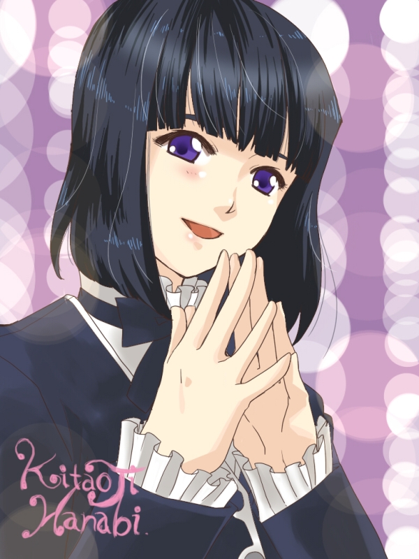 araya hajime, kitaooji hanabi, sakura taisen, sakura taisen iii, fingers together, bad id, bad pixiv id, 00s, 1girl, :d, black hair, blunt bangs, female focus, formal clothes, long sleeves, looking at viewer, open mouth, purple eyes, short hair, smile, solo, suit, upper body