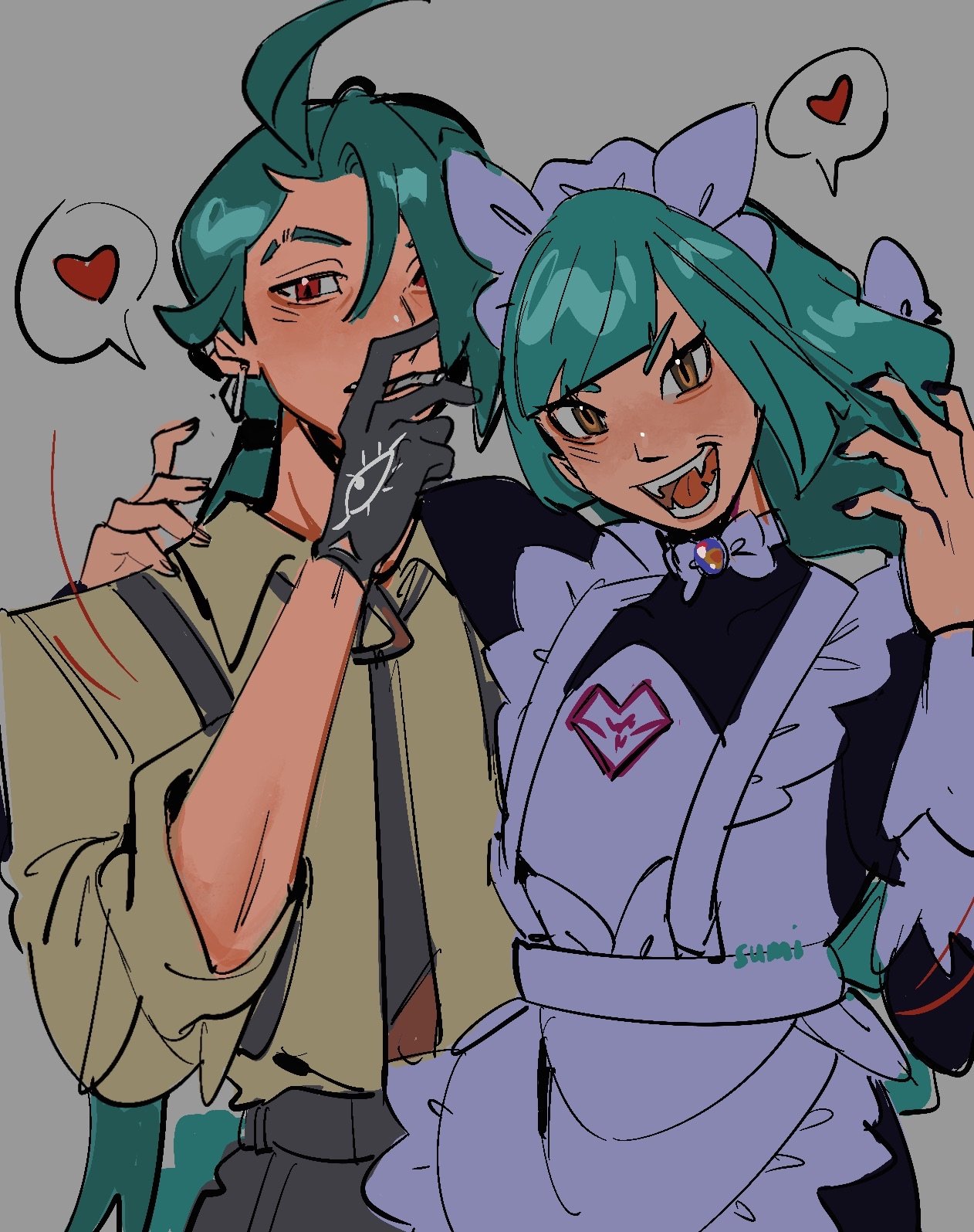 mei (manjunii), lebanne (pokemon), rika (pokemon), nintendo, pokemon, pokemon legends: z-a, pokemon sv, highres, 2girls, :d, ahoge, apron, black nails, bow, bowtie, brown eyes, collared shirt, earrings, gloves, green hair, grey background, hand up, headdress, heart, jewelry, long hair, looking at viewer, multiple girls, nail polish, necktie, open mouth, pants, ponytail, shirt, smile, spoken heart, teeth, tongue