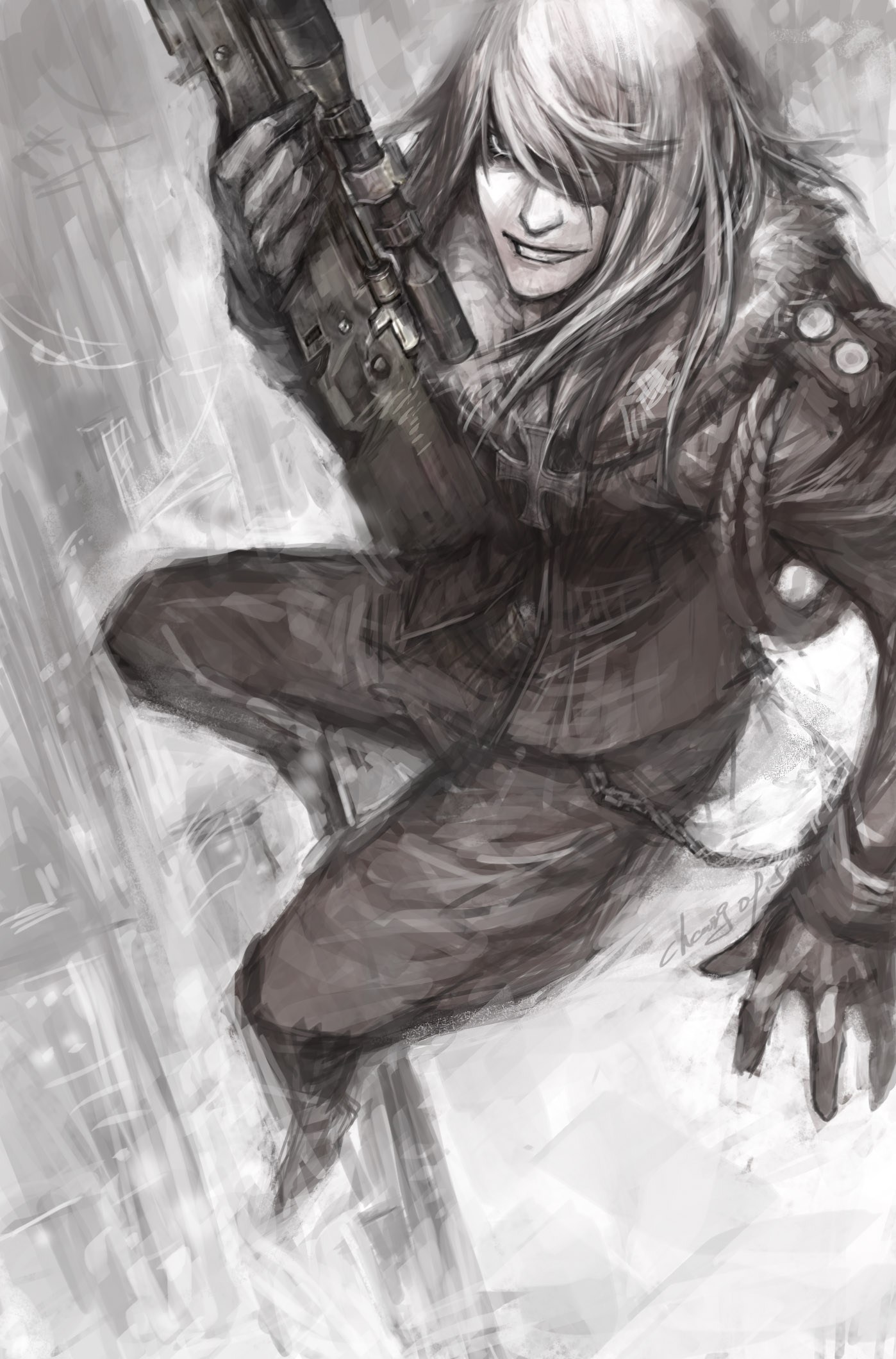 chang, chang (pixiv), original, sniper, gender request, highres, androgynous, chain, eyepatch, gun, long hair, monochrome, outdoors, rifle, sitting, sniper rifle, solo, weapon