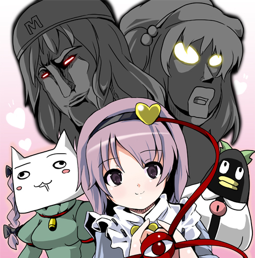 fa no hito, kaenbyou rin, kaenbyou rin (cat), kawashiro nitori, kirisame marisa, komeiji satori, reiuji utsuho, reiuji utsuho (bird), touhou, 5girls, breasts, female focus, glowing, glowing eyes, gradient background, hat, multiple girls, partially colored, pink hair, saliva, upper body, white background