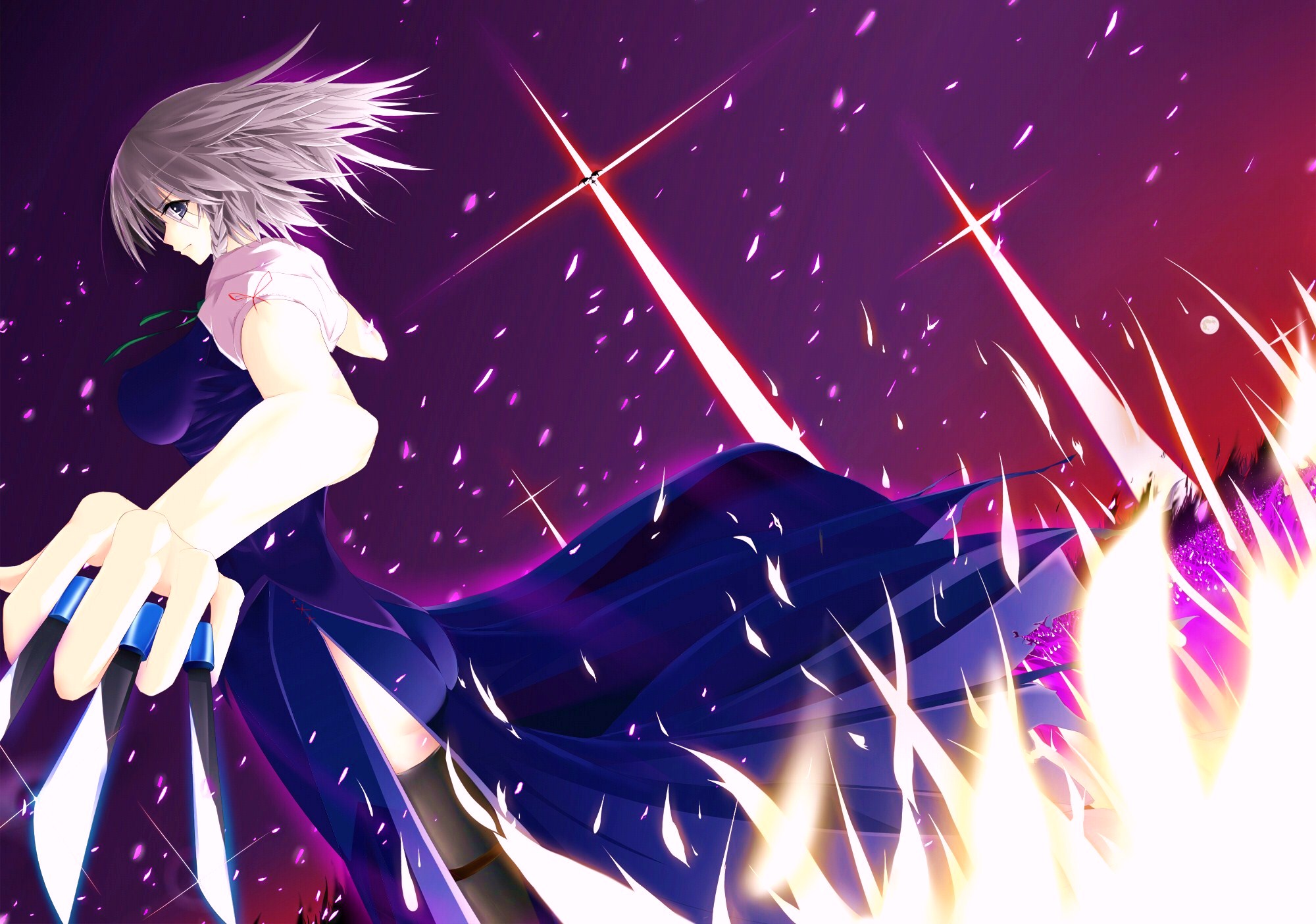 konpakuyoumu myon, izayoi sakuya, remilia scarlet, touhou, silver hair, bad id, bad pixiv id, highres, 1girl, braid, breasts, female focus, foreshortening, gradient background, knife, maid, solo, thighhighs