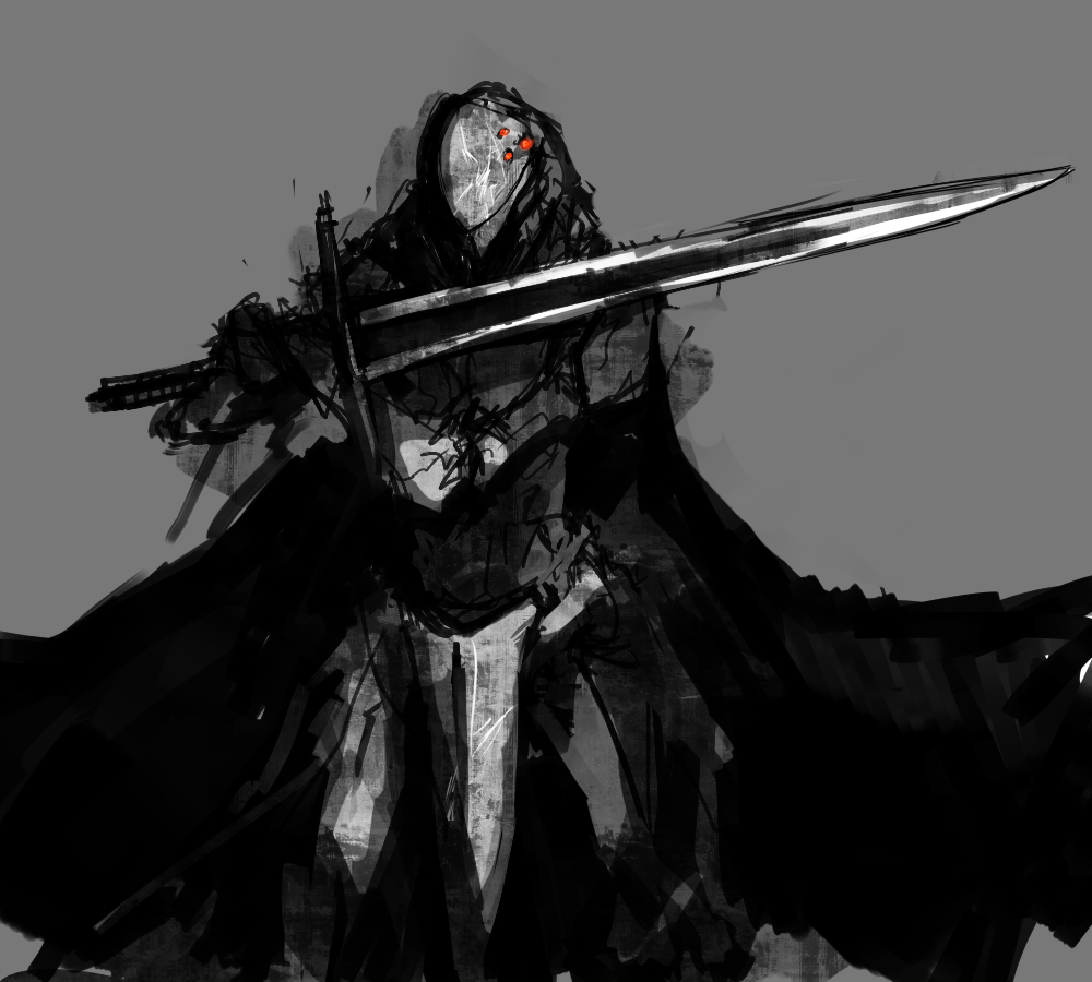 un-known (ninesix), seu, blame!, bad id, bad pixiv id, 1boy, armor, greyscale, male focus, monochrome, shield, solo, sword, weapon